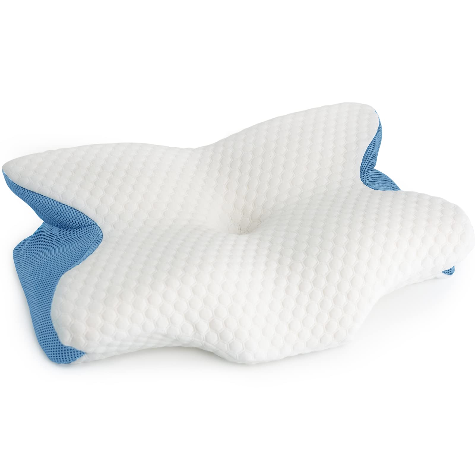 Wemore Cervical Pillow for Neck Pain Relief - Memory Foam Neck Support Pillow with Removable Zipper Cover - Ergonomic Contoured Design for Side, Back & Stomach Sleepers - Blue - Perfect for Office, Travel & Home Use