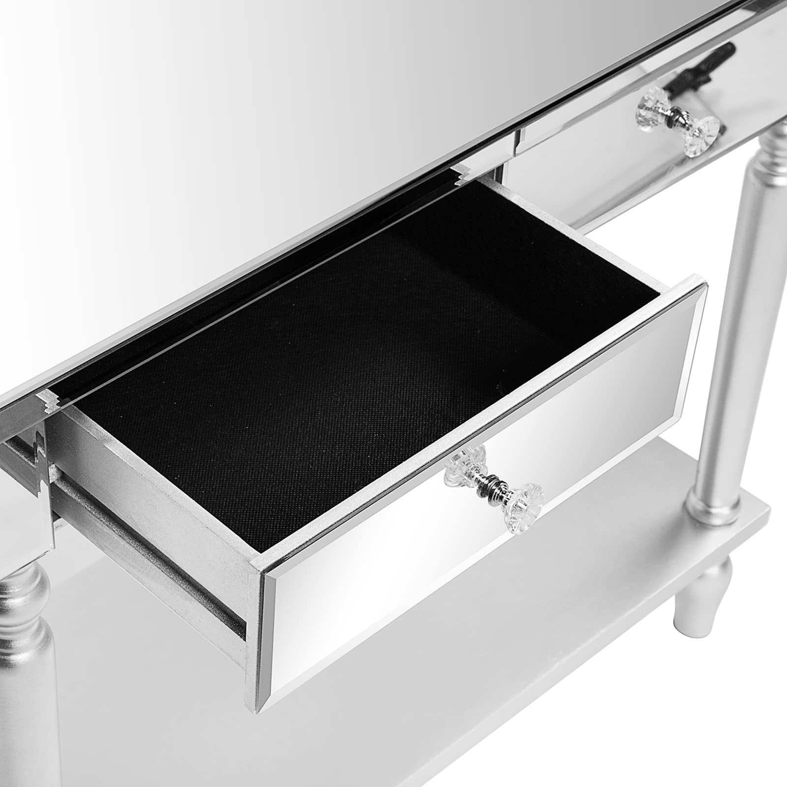 2 Drawers with Shelf Mirror Dressing Table - White Vanity Desk with Crystal Knobs for Makeup, Home Office & Bedroom - Elegant Console Table for Women, Smooth Finish, Versatile for Living Room & Entryway