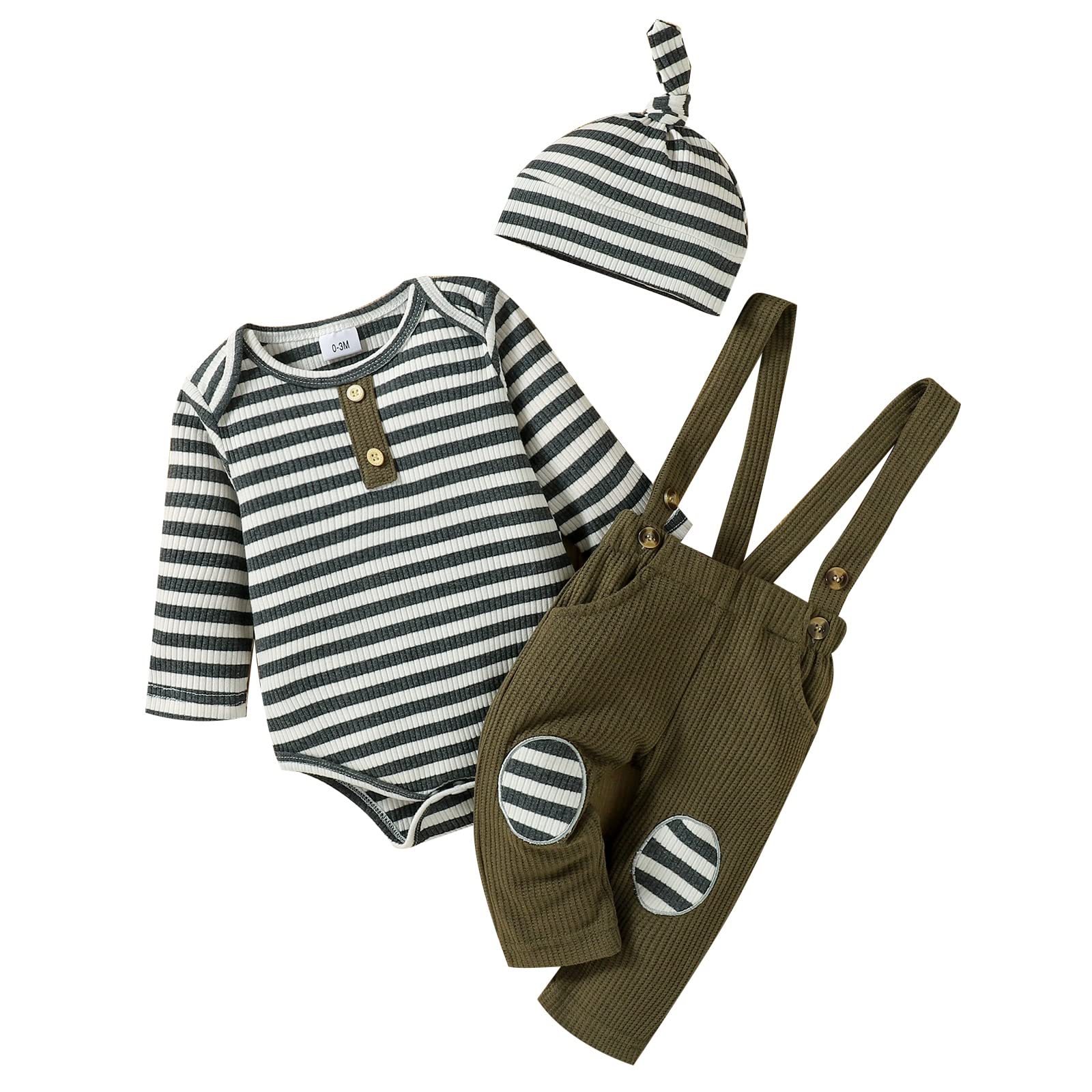 Baby Boy Clothes Set - Newborn Fall Winter Outfit with Long Sleeve Striped Romper, Overalls, Suspender Pants & Hat | Warm Infant Boy Fashion for Holidays, Photo Shoots & Daily Wear
