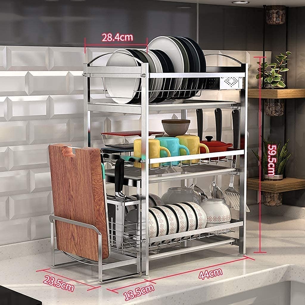 3-Tier Stainless Steel Plate Rack Dish Drainer with Utensil Holder & Cutting Board Storage - Space Saving Kitchen Organizer for Pans, Plates & Cookware (Silver, Size B) - Perfect for Small Kitchens, Dish Drying & Countertop Organization
