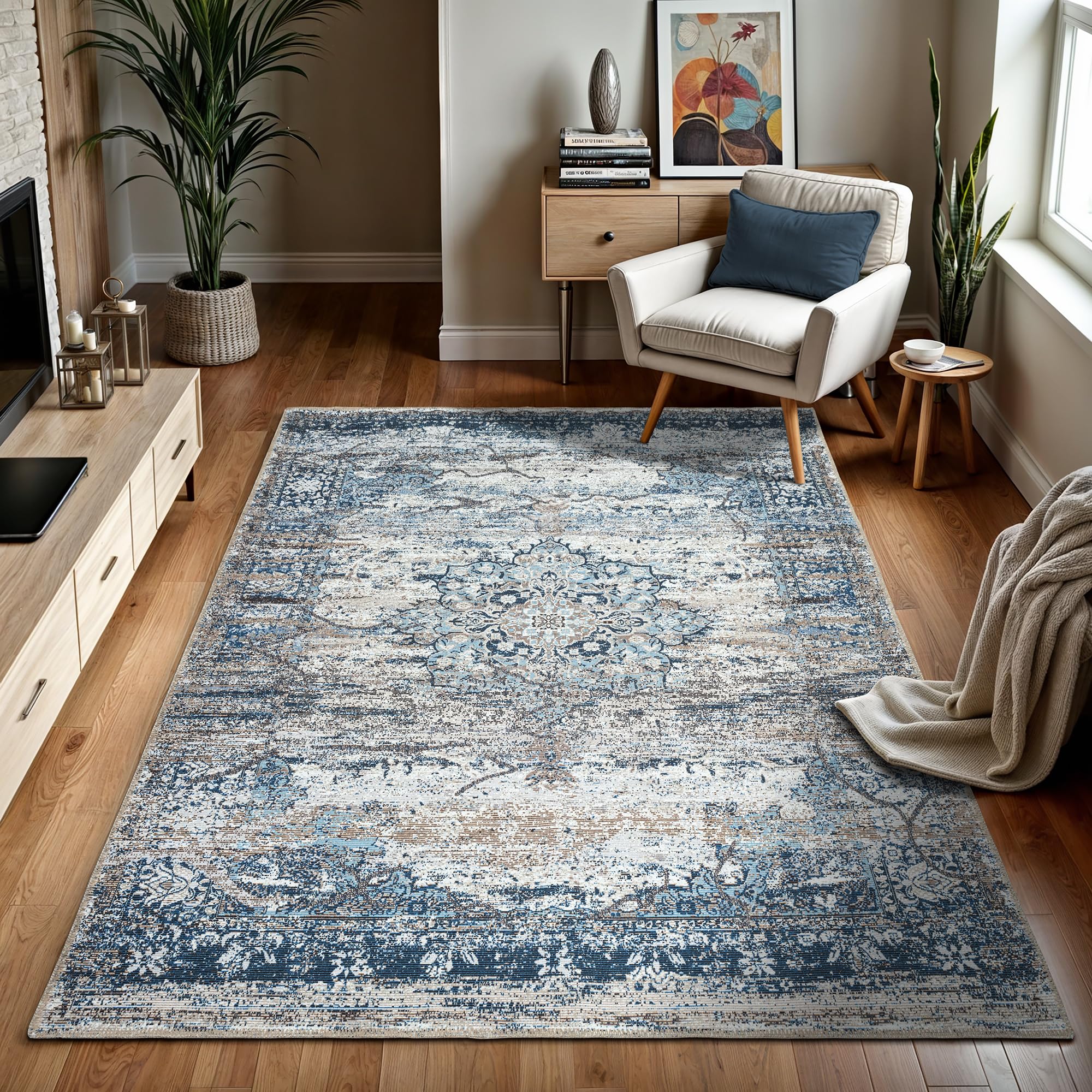 GLN Rugs Vintage Collection - Machine Washable Non-Slip Area Rug, Low Pile Living Room Bedroom Bathroom Rug, Navy Blue and Gray (6'6