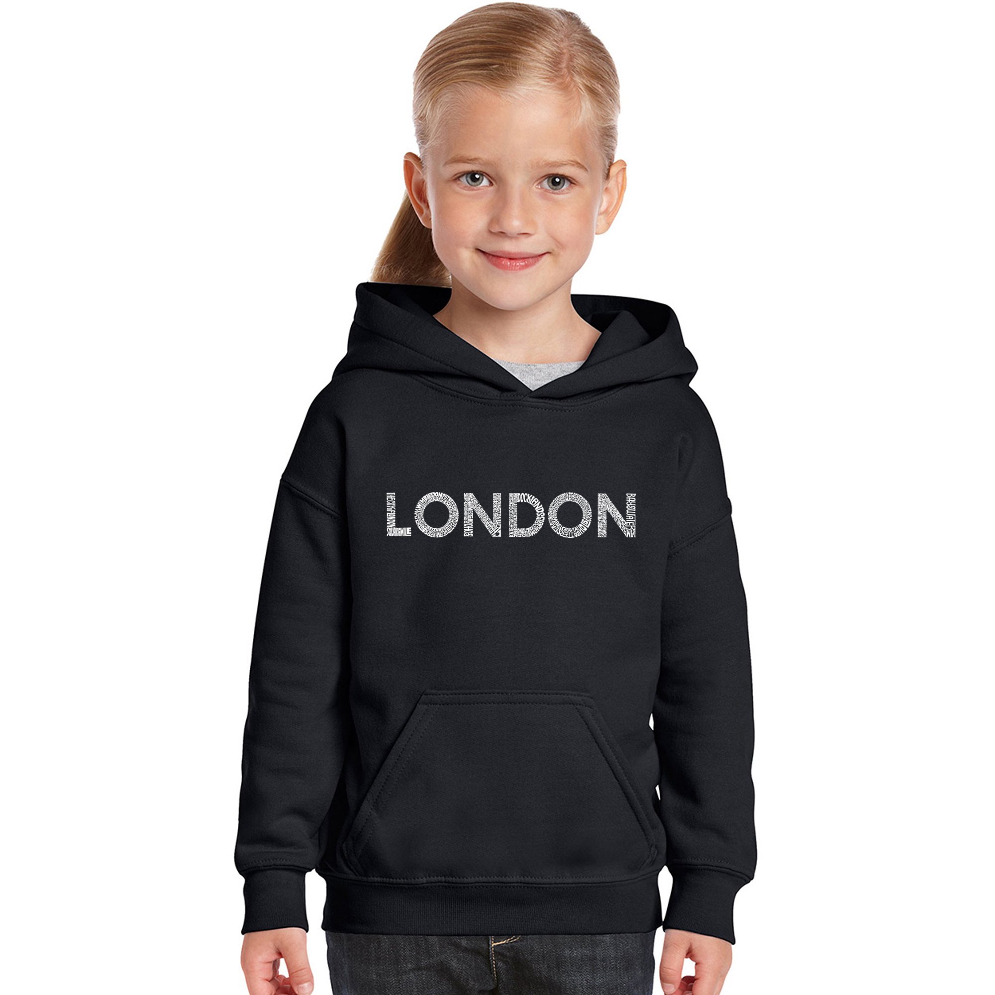 LA POP ART Girls' Word Art Hooded Sweatshirt - London Neighborhoods Design | Trendy Graphic Pullover for Teens & Women | Perfect for Streetwear, Casual Outfits & Urban Fashion