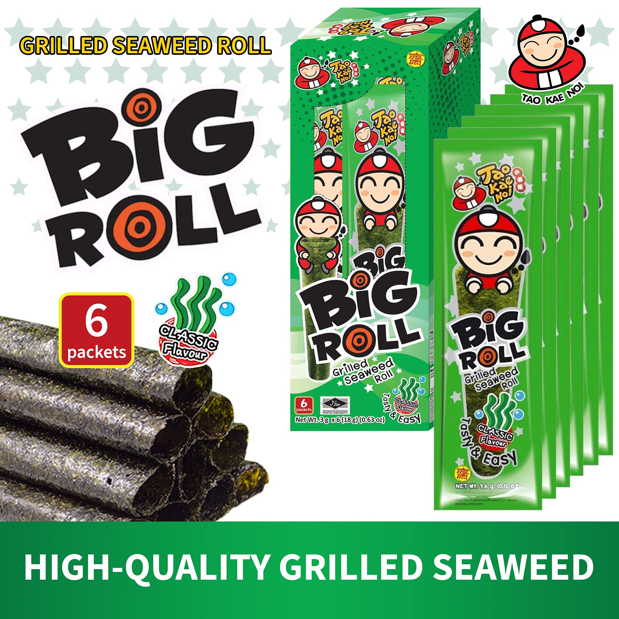 Tao Kae Noi Original Flavor Big Roll Grilled Seaweed Snacks - 6 Pack (3g Bags) | Healthy Nori Sheet Rolls for Kids & Adults | Perfect for Lunchboxes, On-the-Go Snacking & Asian Cuisine