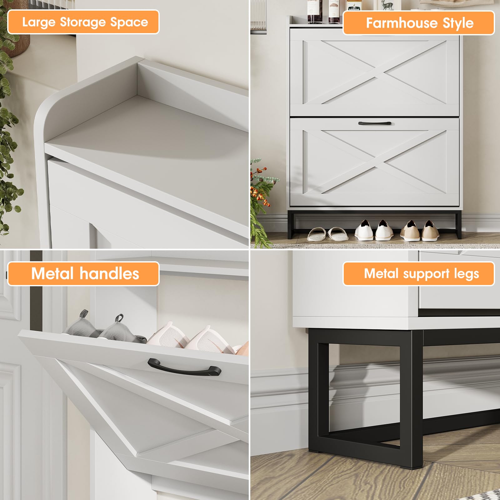 Maupvit Narrow Shoe Cabinet with 2 Flip Drawers - Slim Entryway Shoe Storage Organizer with Metal Legs, Farmhouse Style Free Standing Shoe Rack for Hallway, Living Room & Bedroom Closet Organization