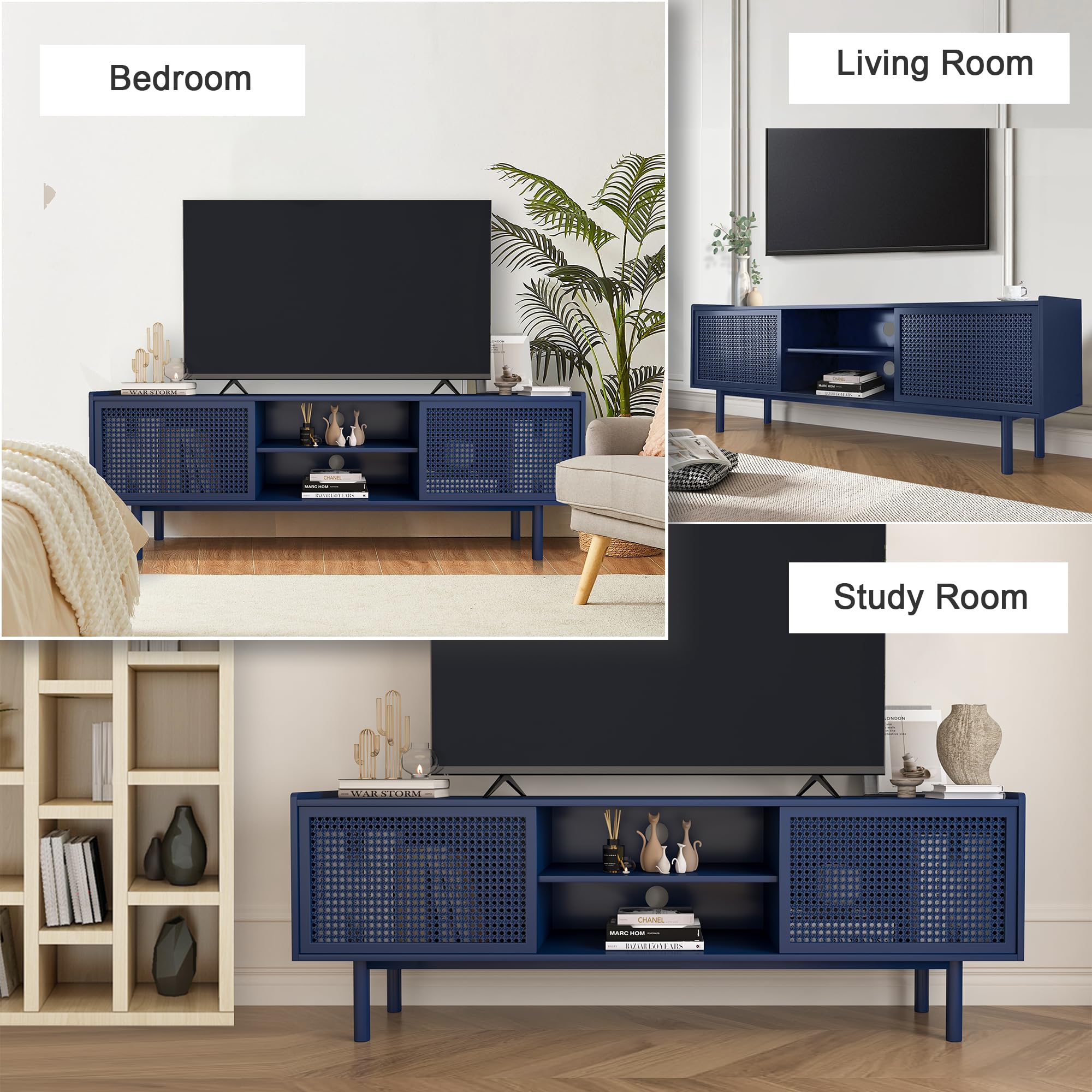 ORRD 70 Inch TV Stand with Sliding Barn Door & Adjustable Shelves - Rustic Iron Rattan Entertainment Center for Living Room - Perfect for Home Theater, Gaming Setup & Living Room Storage