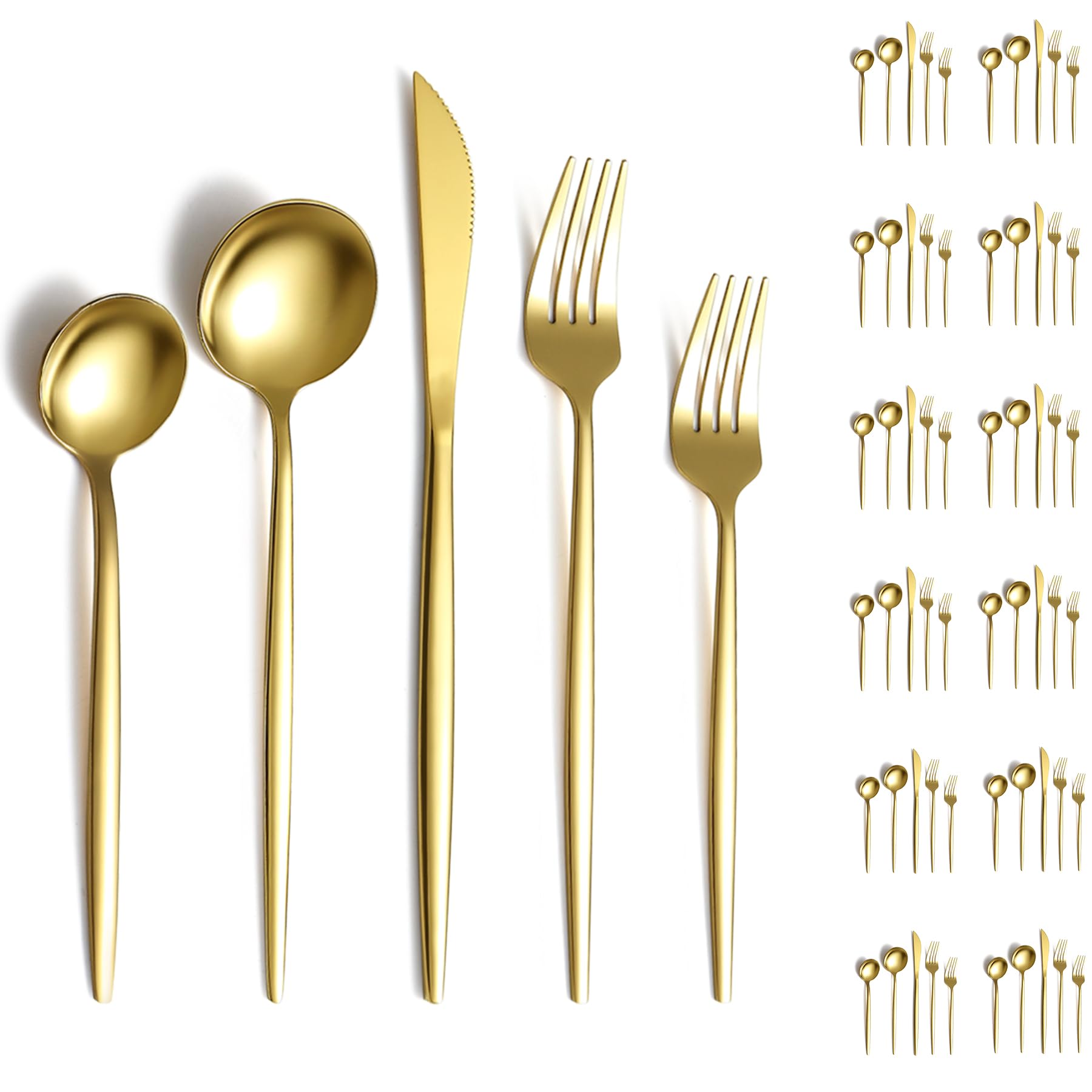 Evanda 60-Piece Gold Silverware Set for 12, Titanium Gold Plated Stainless Steel Flatware Set - Knives, Forks & Spoons Cutlery for Wedding, Party, Birthday & Restaurant Use | Elegant Dining & Dishwasher Safe