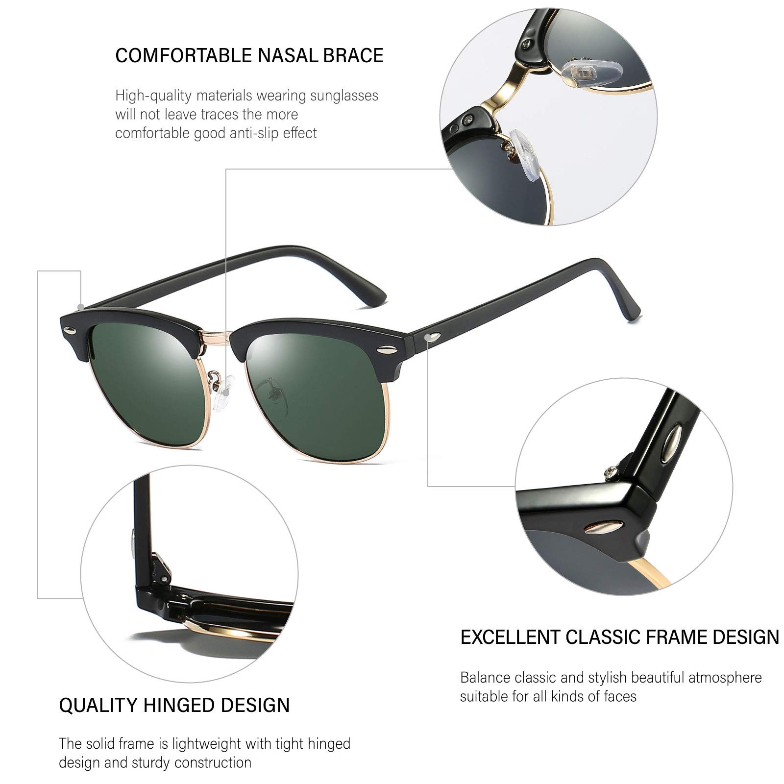 Dollger Polarized Browline Sunglasses - Classic Semi-Rimless Retro Frame for Men & Women - UV400 Protection - Perfect for Driving, Outdoor Sports & Fashion Accessories