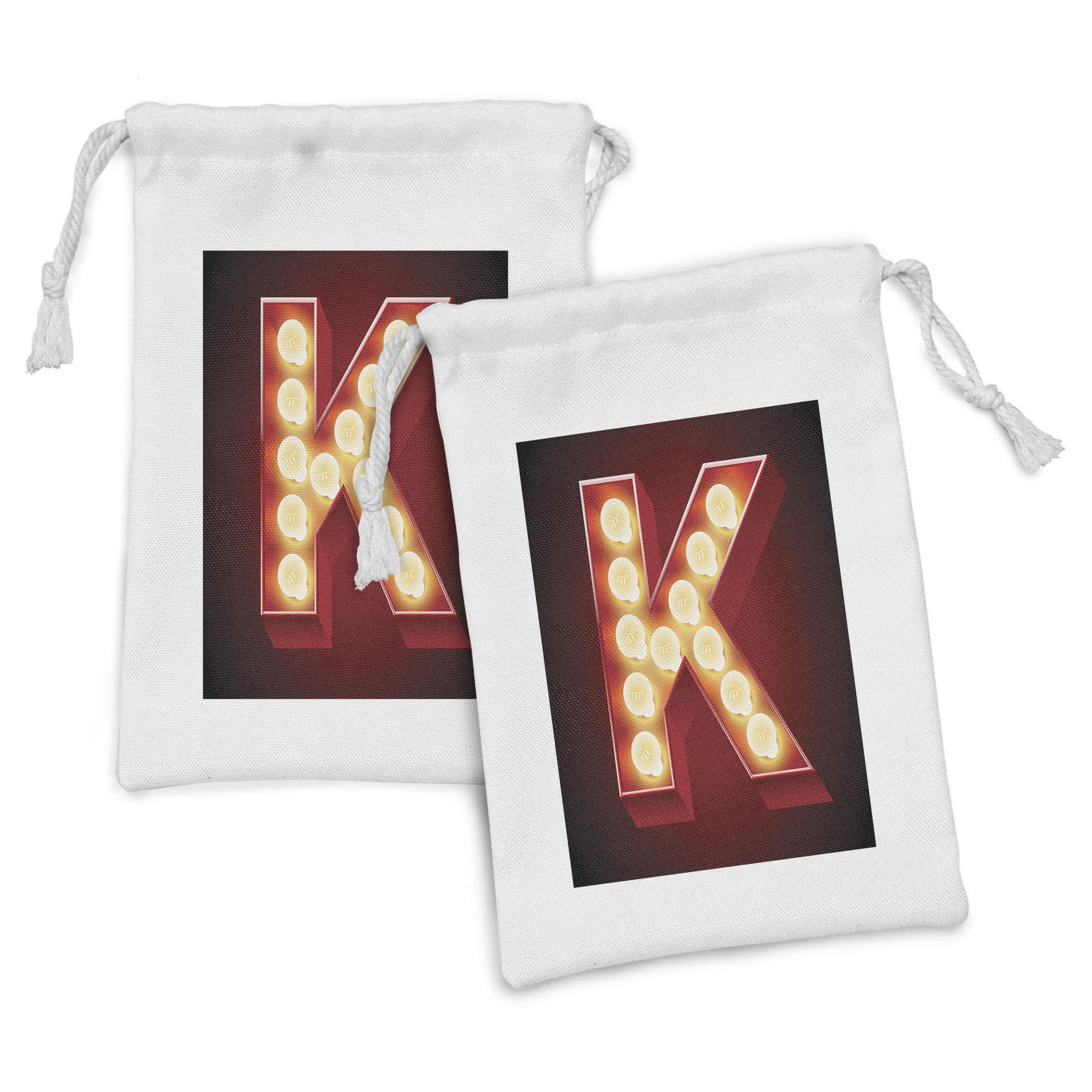 Ambesonne Vintage Cinema Alphabet Fabric Pouch Set of 2 - Old Lamp K Letter Typography Drawstring Bags for Toiletries, Masks & Party Favors (9
