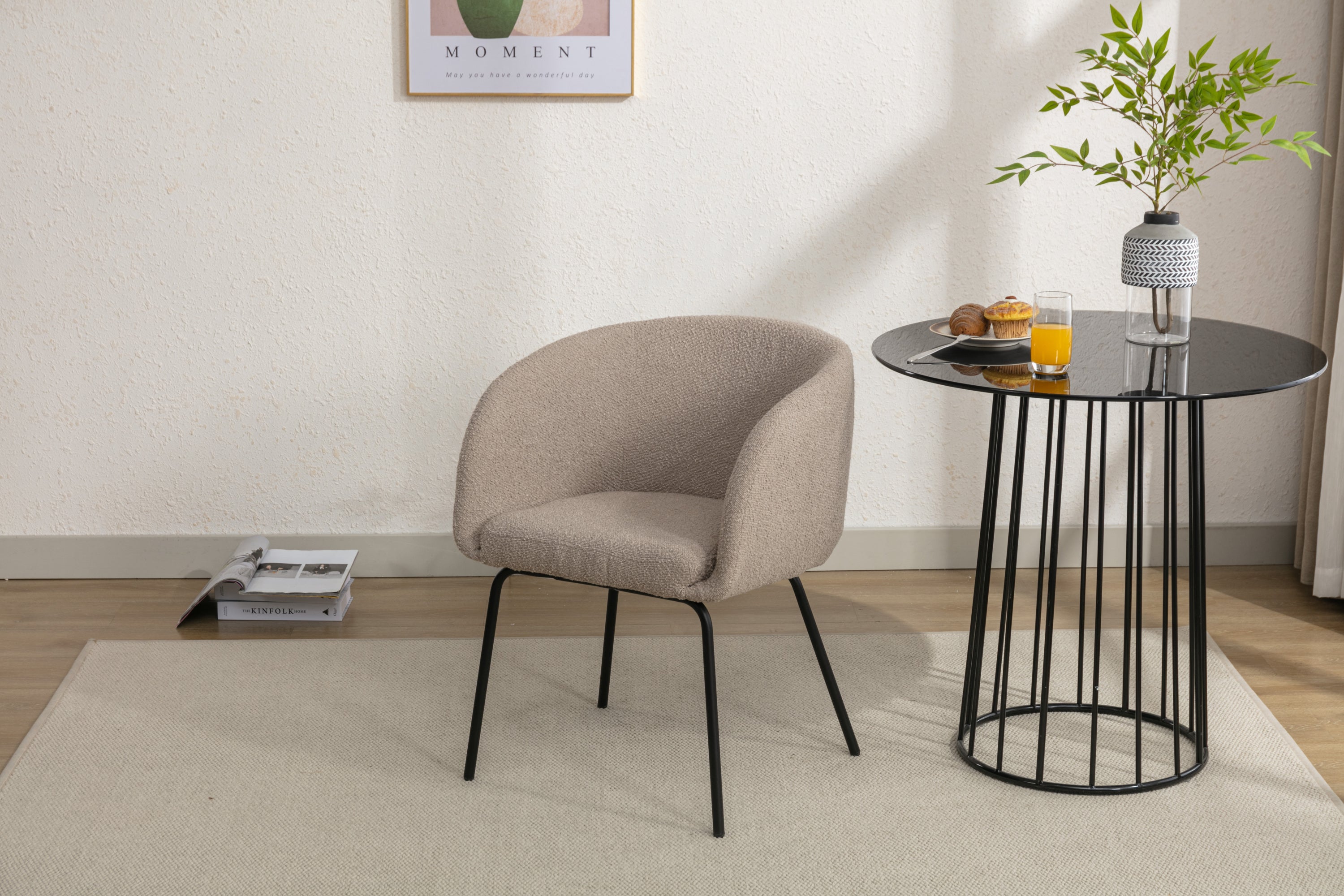 Boucle Fabric Dining Chair with Black Metal Legs - Set of 1 - Modern Upholstered Accent Chair for Kitchen, Dining Room, or Office