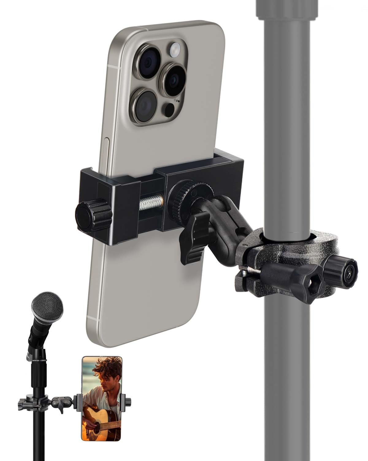 Universal Mic Stand Phone Holder - Adjustable Smartphone Mount for iPhone 15/14/13/12/11 Pro/Max/Mini, Samsung Galaxy S24/S23 Ultra, Google Pixel 8/7 - Perfect for Live Streaming, Music Recording & Instrument Practice (Microphone Stand, Music Stand, Guitar & Drums Accessory)