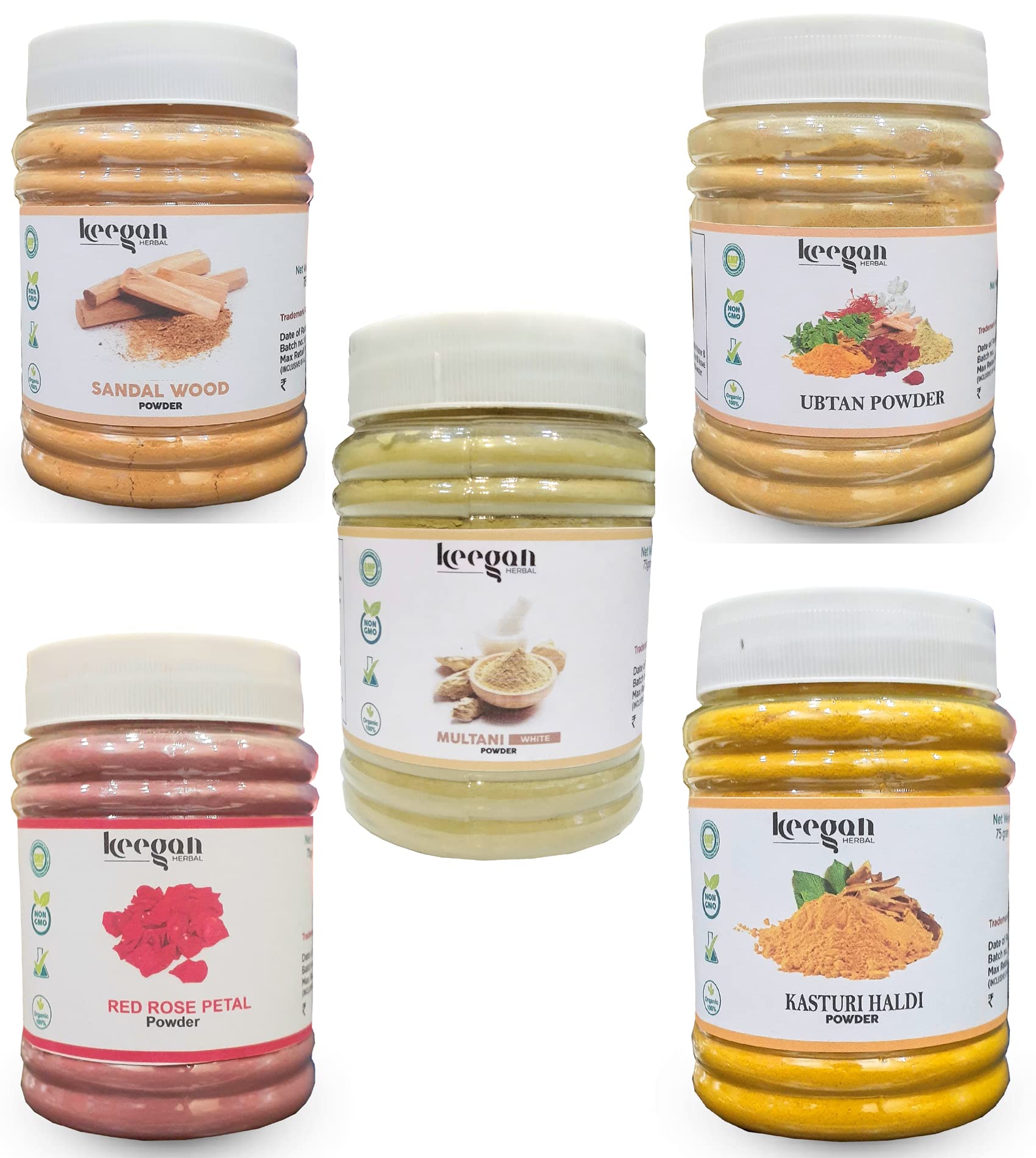 Keegan Multani Mitti Powder, Sandalwood Powder, Red Rose Petal Powder, Ubtan Powder, Kasturi Haldi Powder Combo - 5-in-1 Natural Face Pack & Skin Care Set (75g Each) for Glowing Skin, Acne Treatment & Ayurvedic Beauty Routine