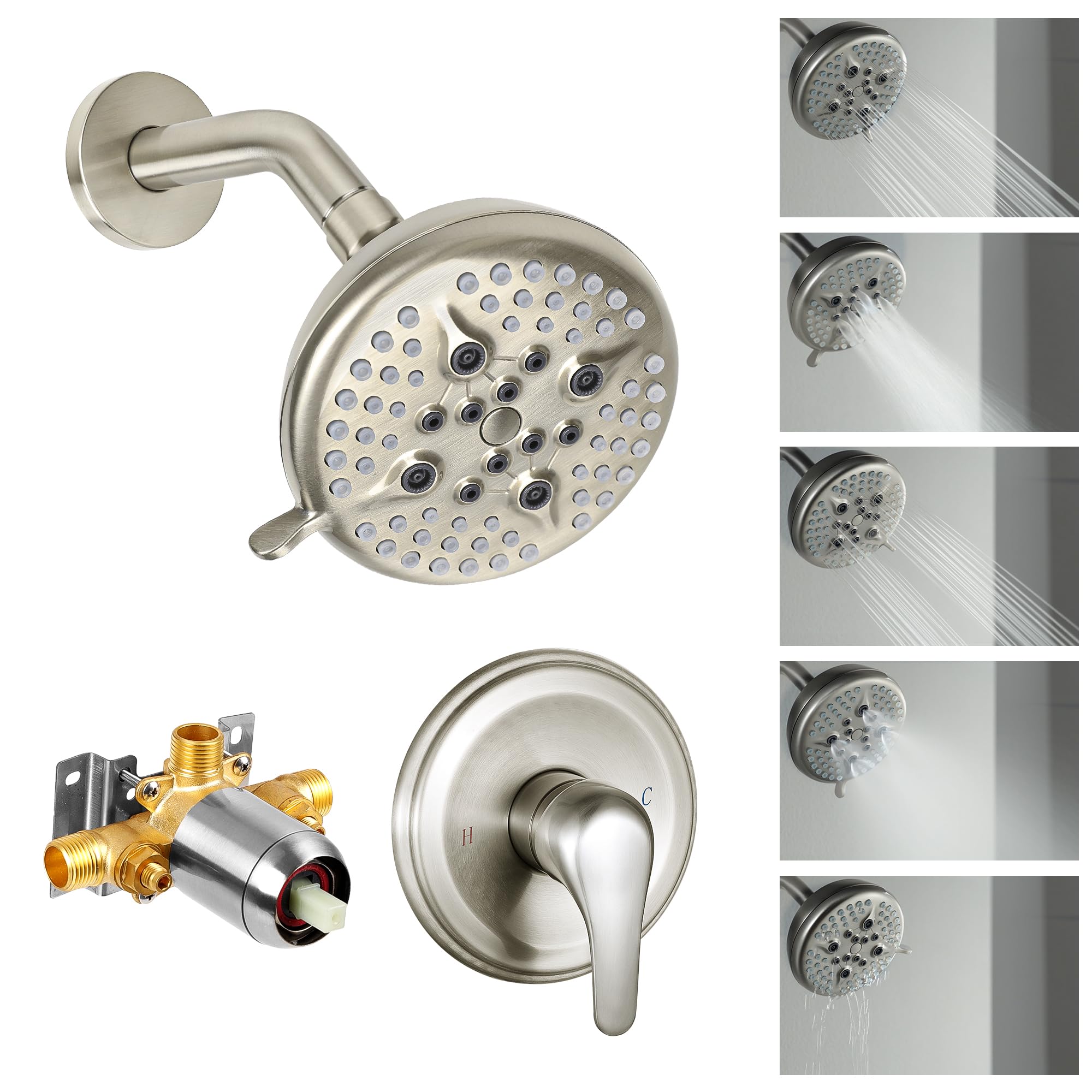 Premium KINSE Shower Faucet Set - Brushed Nickel Shower Valve Kit with 5 Inch Rainfall Shower Head for Bathroom Renovation & Spa-Like Experience