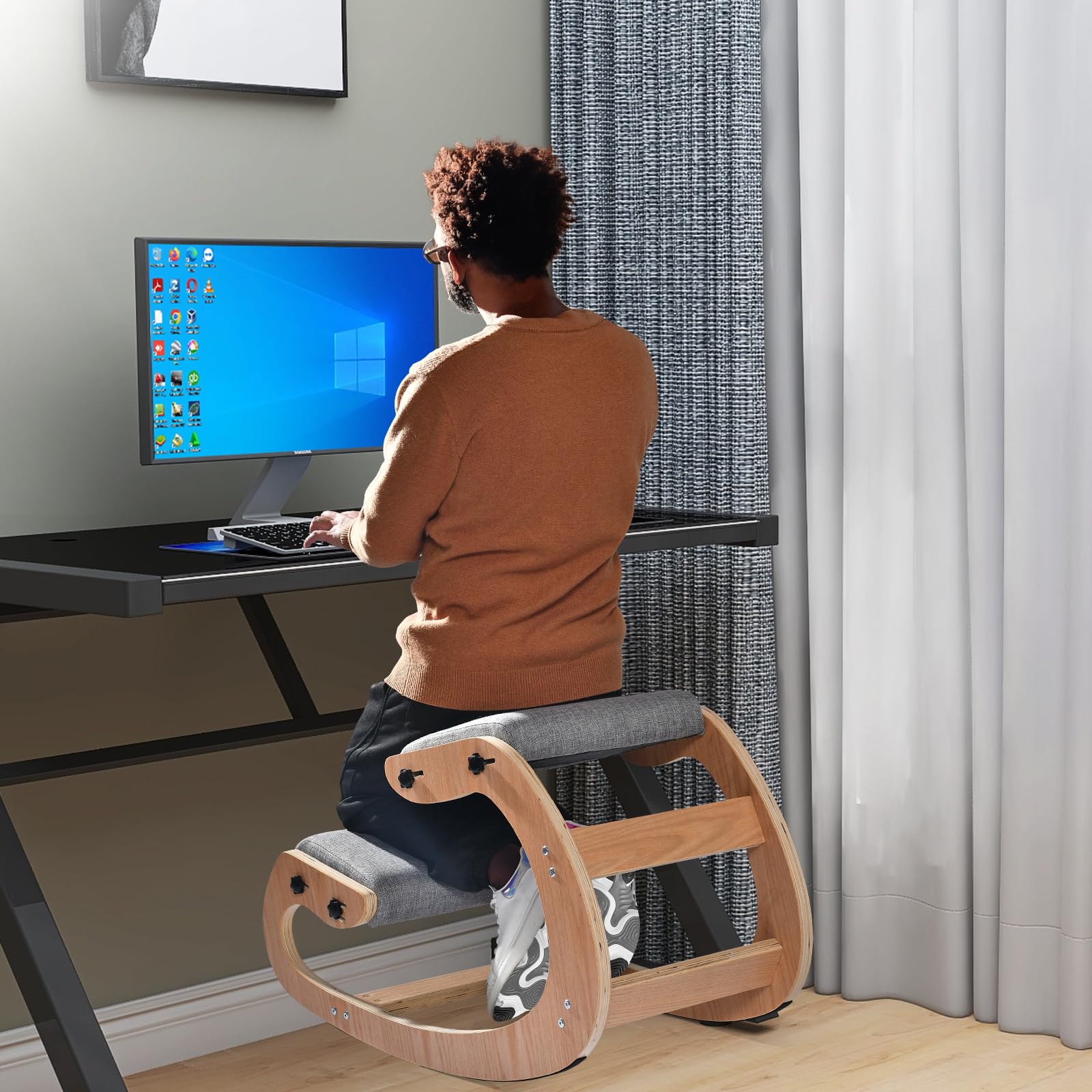 Ergonomic Kneeling Chair for Home Office - Adjustable Wood Rocking Knee Stool with Soft Padding - Natural Neck & Back Pain Relief - Supports Up to 300 lbs - Perfect for Meditation, Yoga & Desk Work