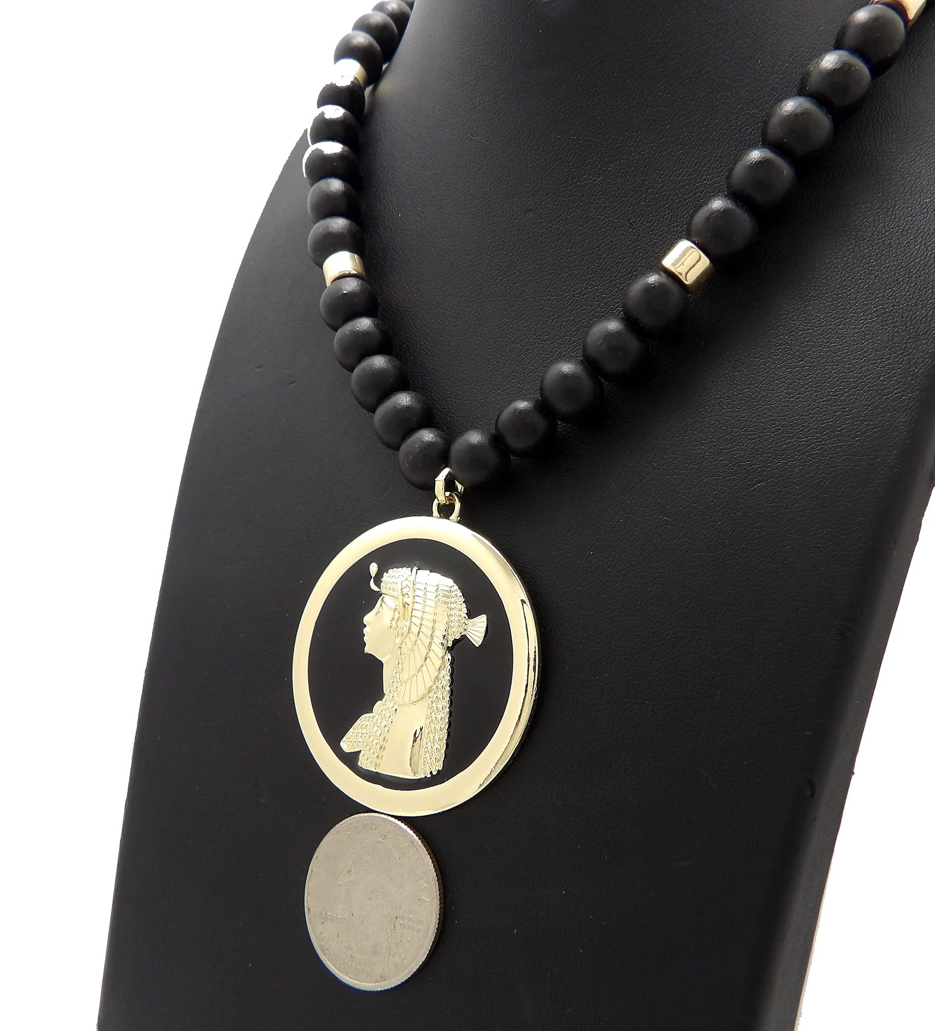 Egyptian Cleopatra Falcon Pendant Necklace - 6mm Gold Wooden Beads for Women