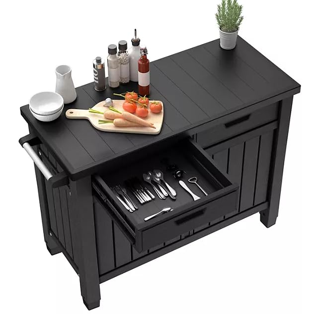 Outdoor BBQ Grill Table with Storage Cabinet & Drawers - Graphite Gray Buffet Serving Cart for Backyard, Patio & Camping Entertainment