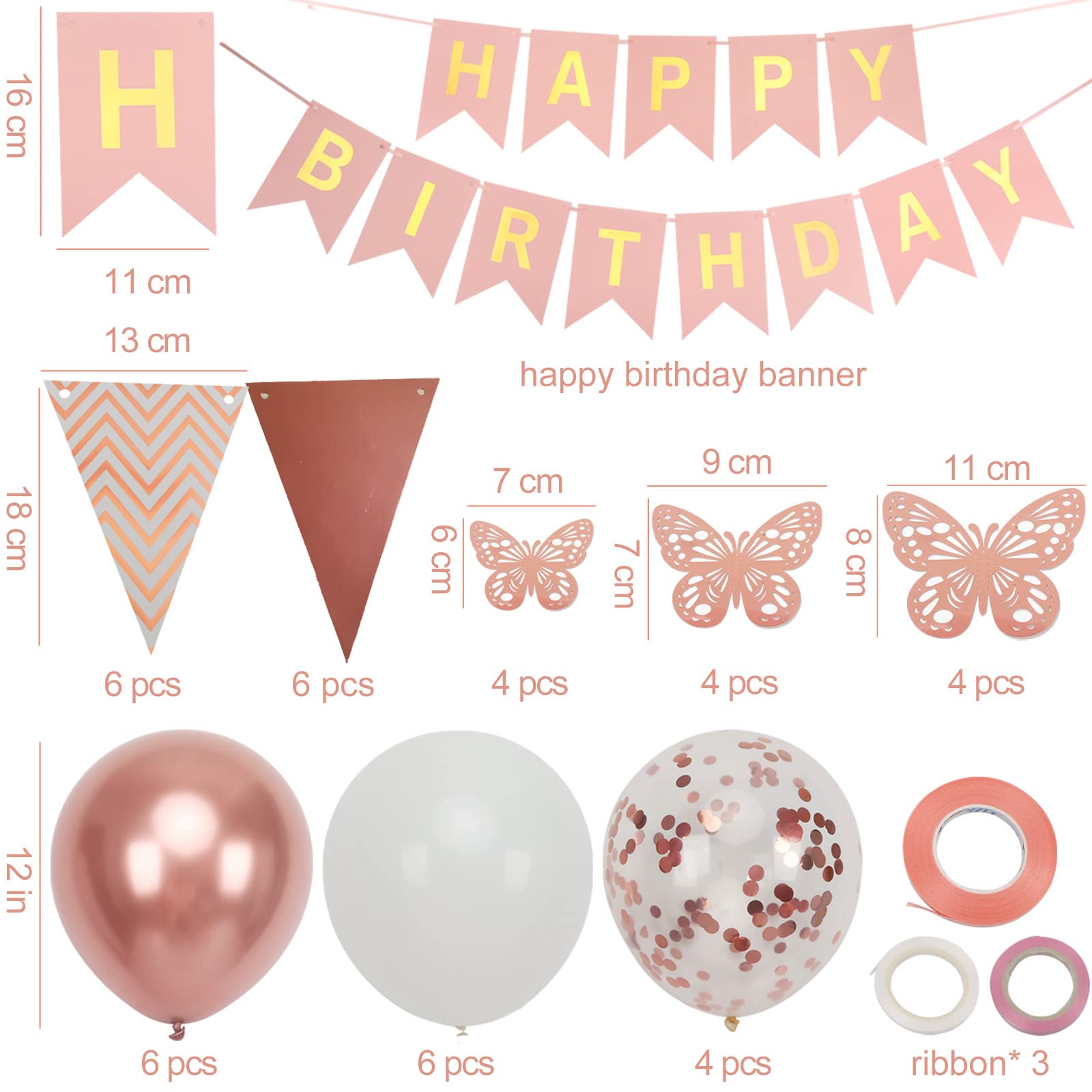 Rose Gold Birthday Decorations for Women - Happy Birthday Banner with Balloons, Pennant Flags & Butterfly Decor - Perfect for Girls' Parties, Baby Showers & Bridal Showers