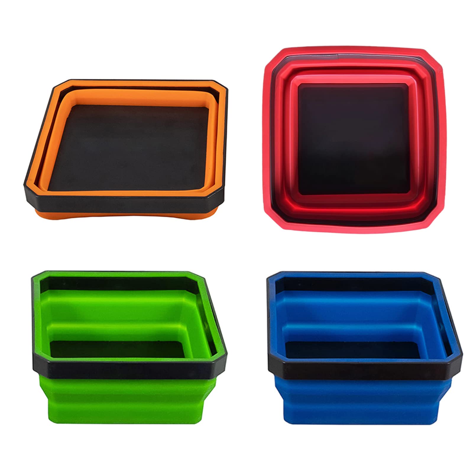 Collapsible Magnetic Silicone Tool Tray Set - Foldable Parts Organizer with Strong Magnets (4 Pack) - Perfect for Mechanics, DIY Projects & Workshop Organization
