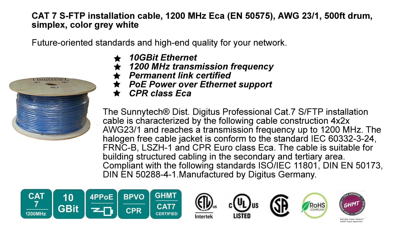 Sunnytech CAT7 500ft S-FTP LSZH Ethernet Cable - 1200MHz 10GBase-T, 23AWG Solid GHMT Certified (Blue, Drum Pack) - High-Speed Networking for Offices, Data Centers & Smart Homes