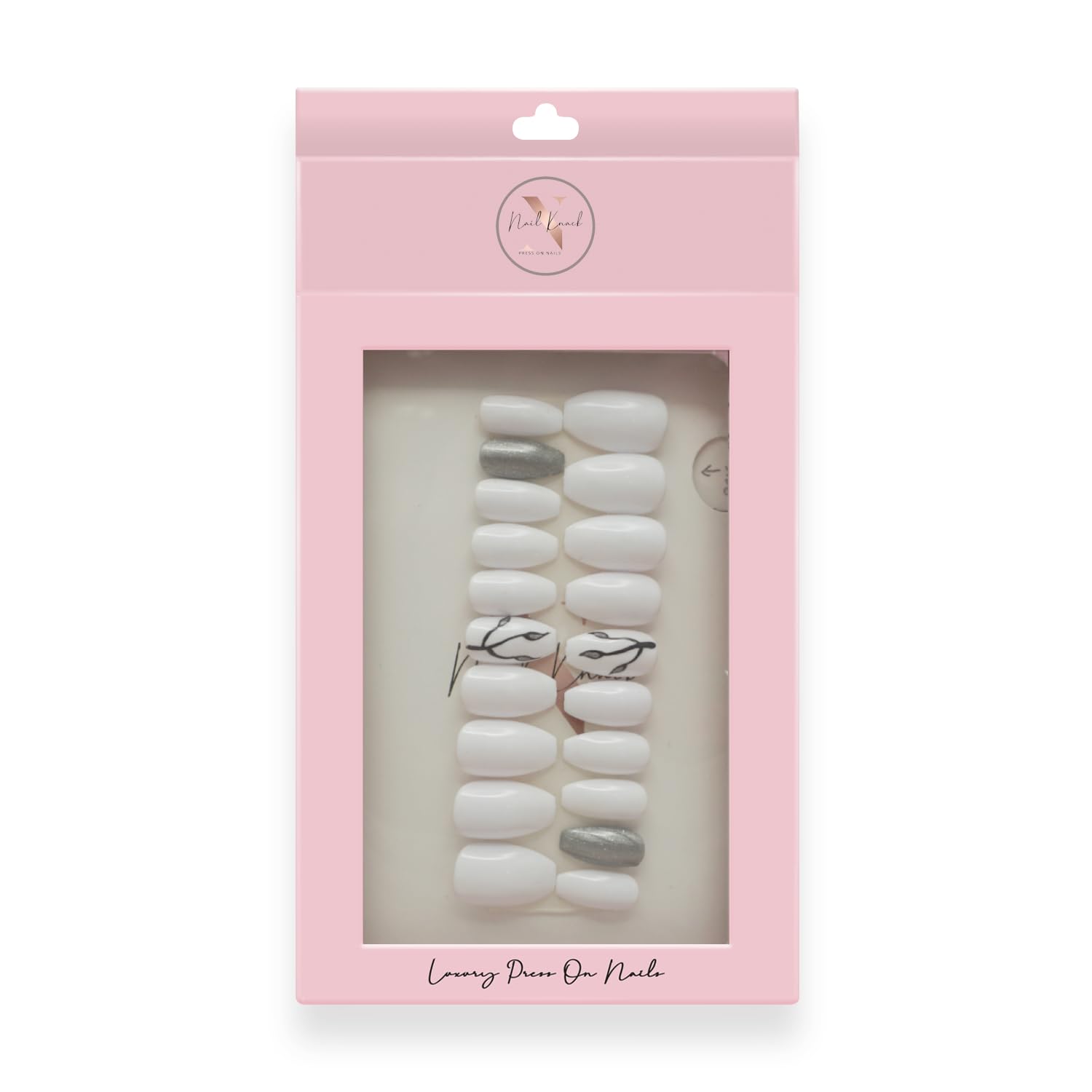 Premium Fake Press-On Nails - White & Grey Set of 20 | Reusable Full Coverage Artificial Nails with UV Gel Polish | Easy to Use Stick-On Nail Extensions for Both Hands | Perfect for Parties, Weddings, and Everyday Wear