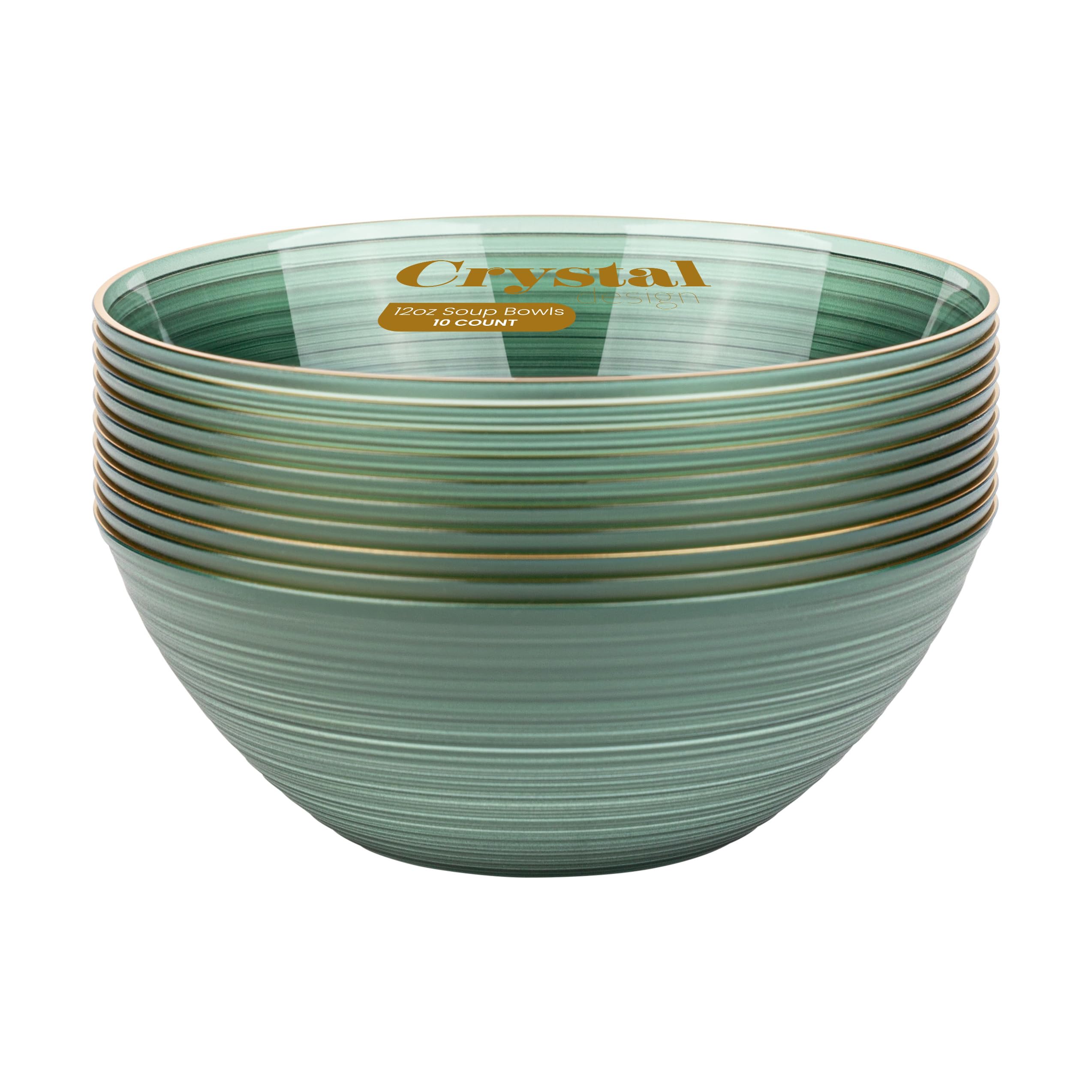 PLASTICPRO 32-Piece Crystal Design Plastic Bowls Set - 16oz Gold Rim Disposable Plates in Elegant Transparent Green - Perfect for Parties, Weddings, and Elegant Events