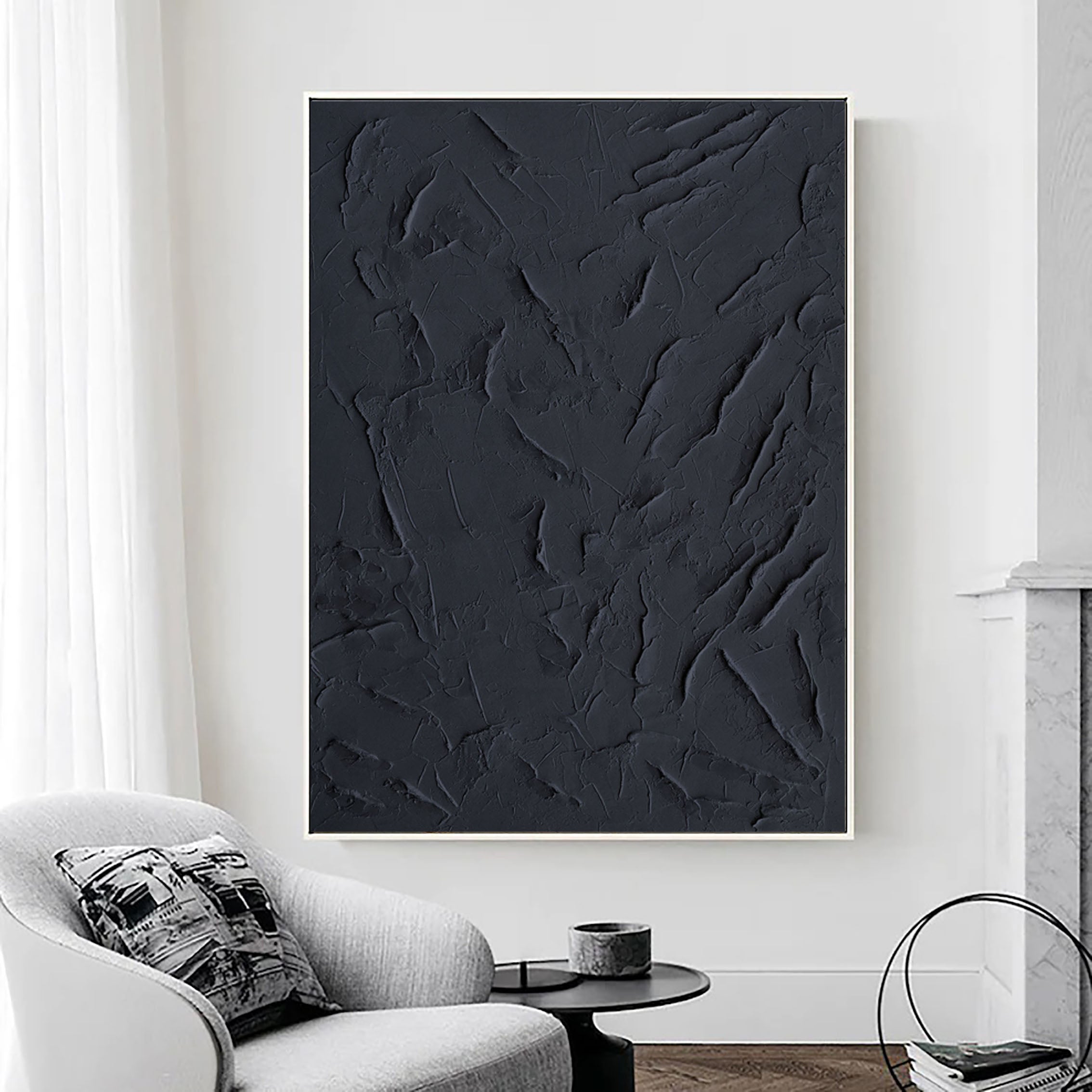 Black Minimalist Textured Painting Canvas #MZ029 - Modern Abstract Wall Art for Living Room, Bedroom & Office Decor