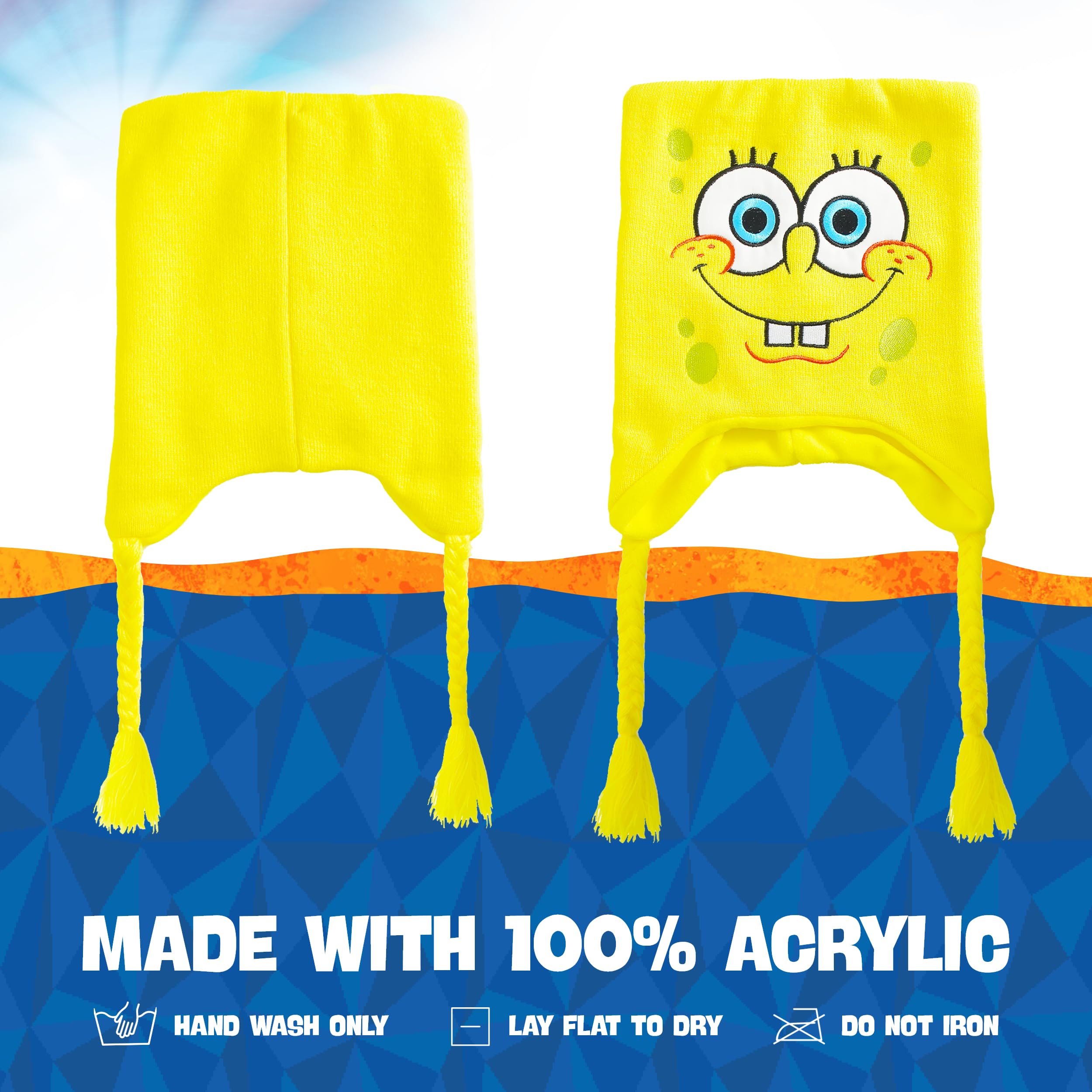Spongebob Squarepants Beanie Hat - Peruvian Winter Knit Cap with Braided Tassels - Warm Cartoon Character Beanie for Kids & Adults - Perfect for Winter Sports, Cosplay, and Gift Giving