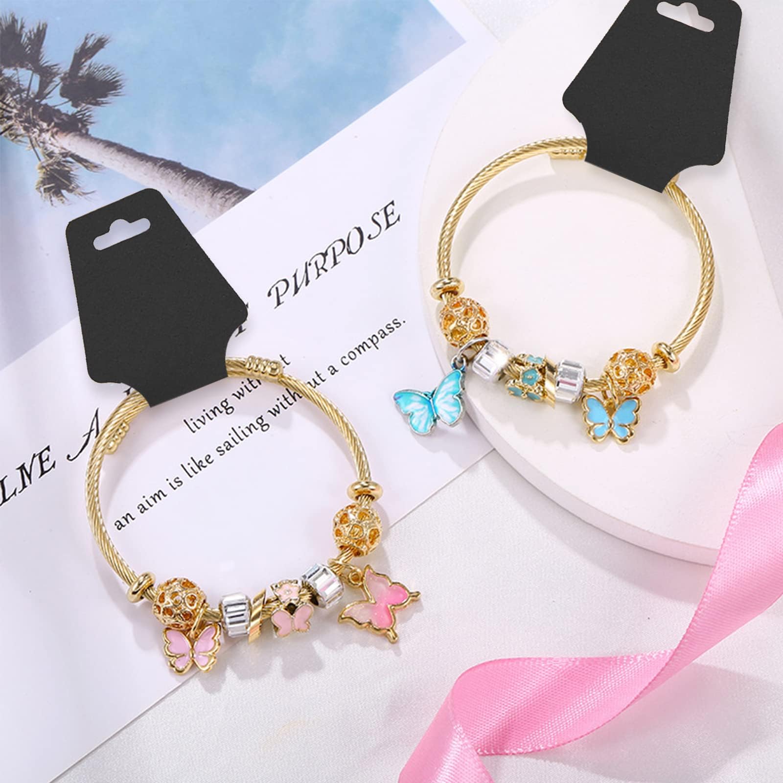 ZABARE 200 Pcs Jewelry Display Cards - Thick Adhesive Necklace, Bracelet & Keychain Holder Cards - Black Jewelry Showcase Cards for Retail Stores & Boutique Displays - Perfect for Jewelry Stores, Craft Shows & Trade Exhibitions