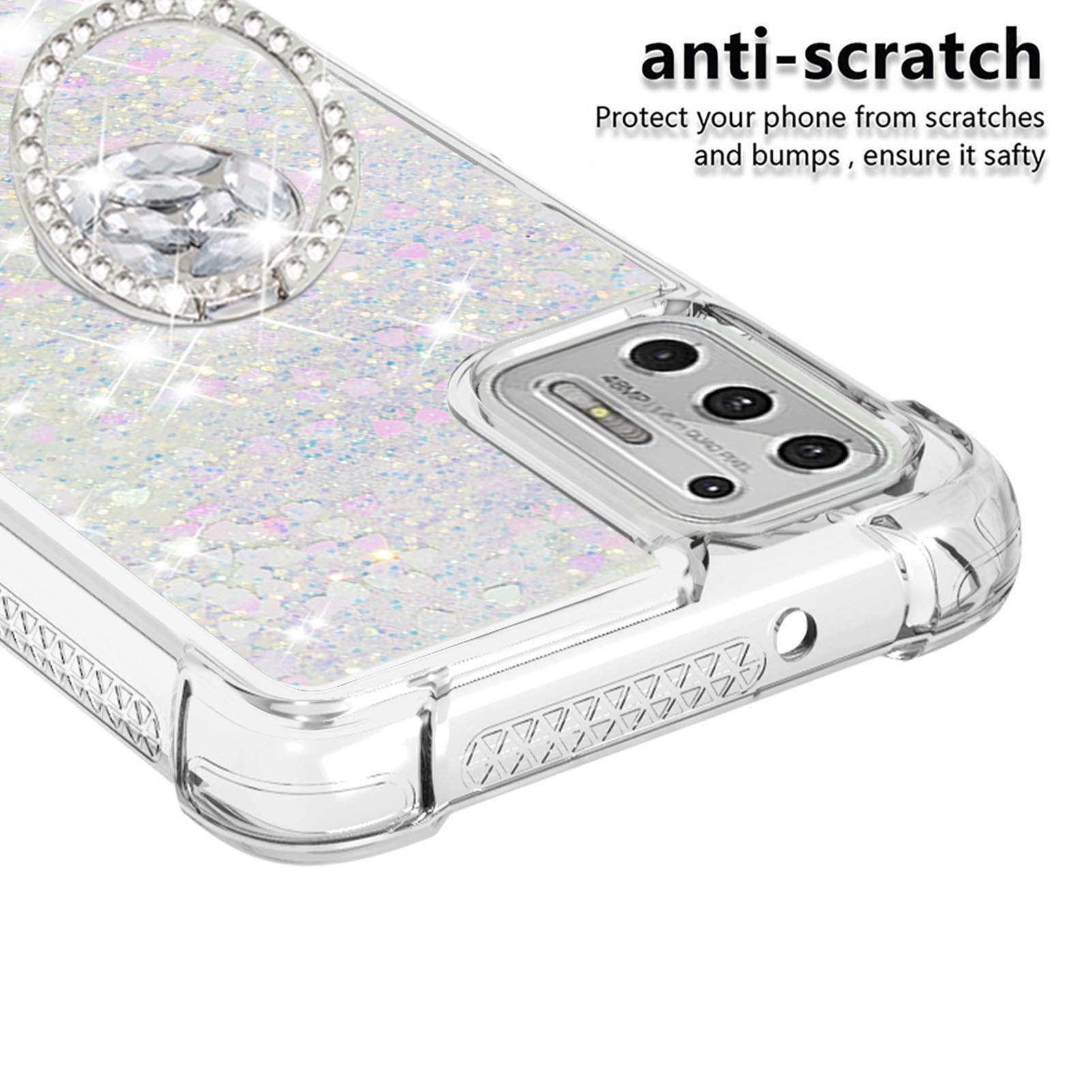 Sparkly Clear Glitter Phone Case for Motorola G Stylus 2021 - Liquid Quicksand Bling Cover with Diamond Ring Holder & Rugged Protection | Stylish Protective Case for Women Girls | Perfect for Daily Use, Work & Parties