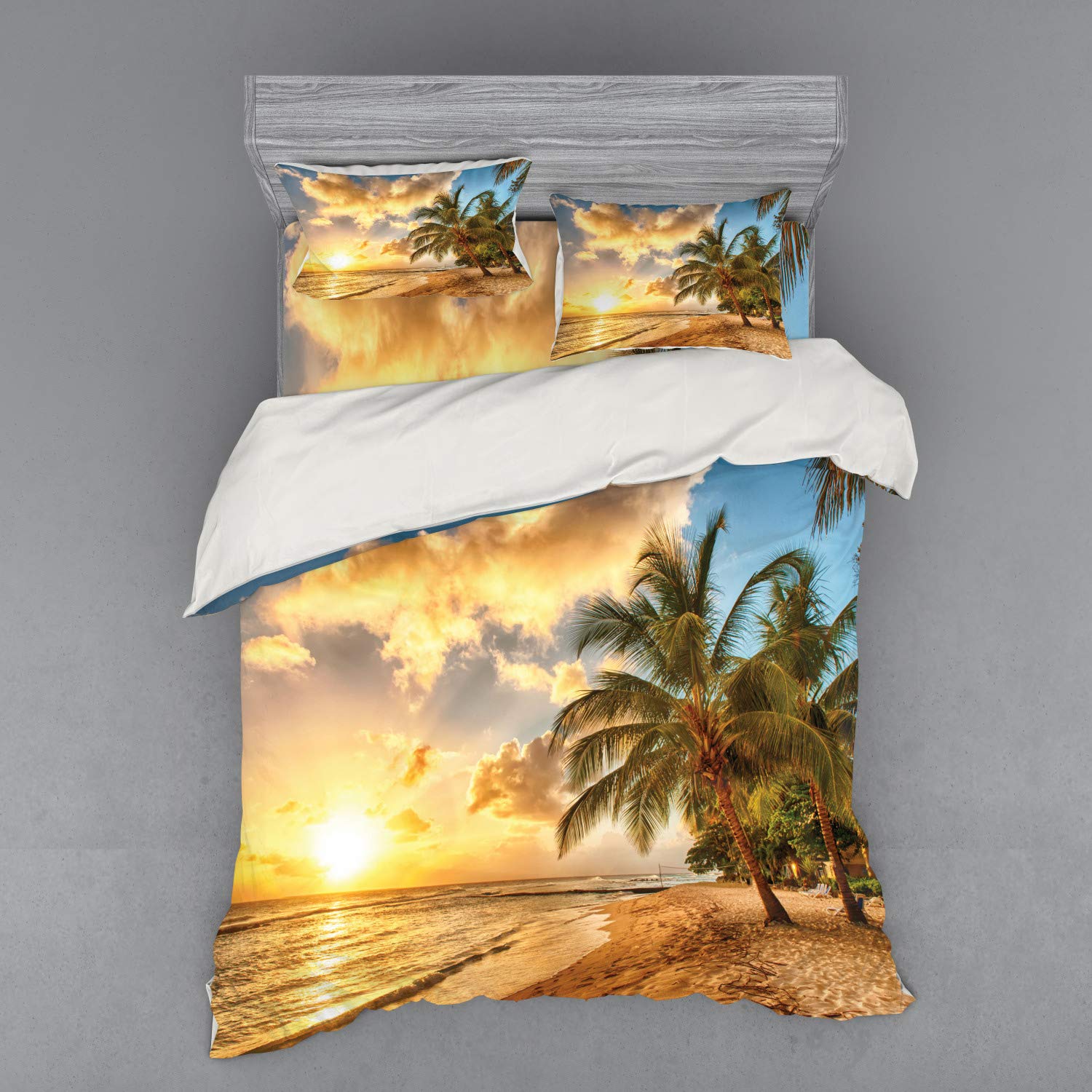 Ambesonne Tropical Beach Bedding Set - Queen Size 4-Piece Duvet Cover with Shams & Fitted Sheet, Sunset Coconut Palm Tree Design in Cream Blue | Perfect for Summer Beach House Decor & Coastal Themed Bedrooms