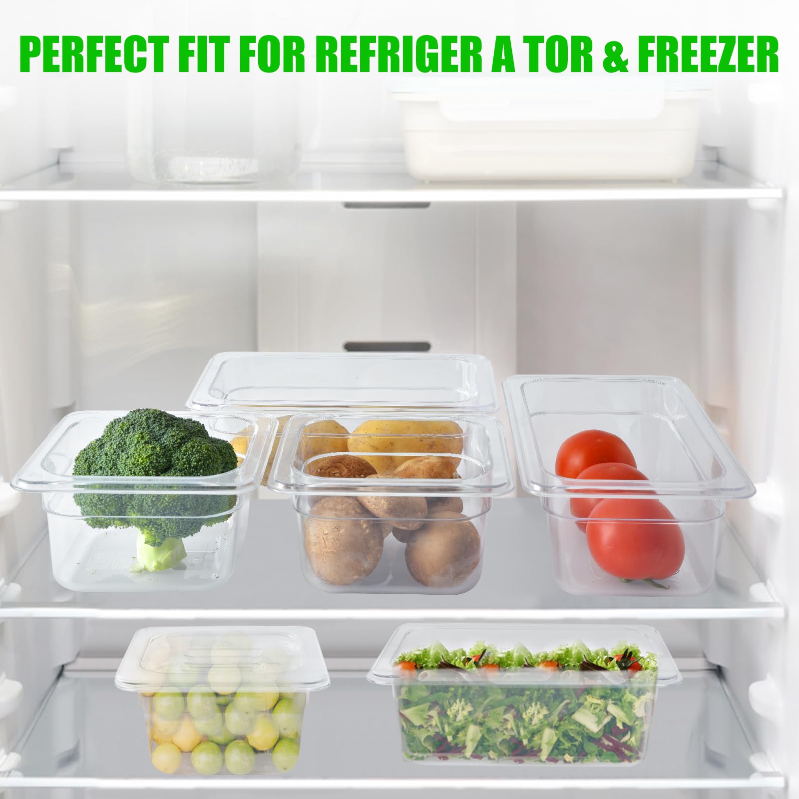 6 Pack 1/4 Size 4'' Deep Clear Food Storage Containers with Lids - Commercial Grade Acrylic Transparent Food Pans, Stackable Plastic Containers with Capacity Scale - Perfect for Restaurants, Catering, Buffets & Food Prep