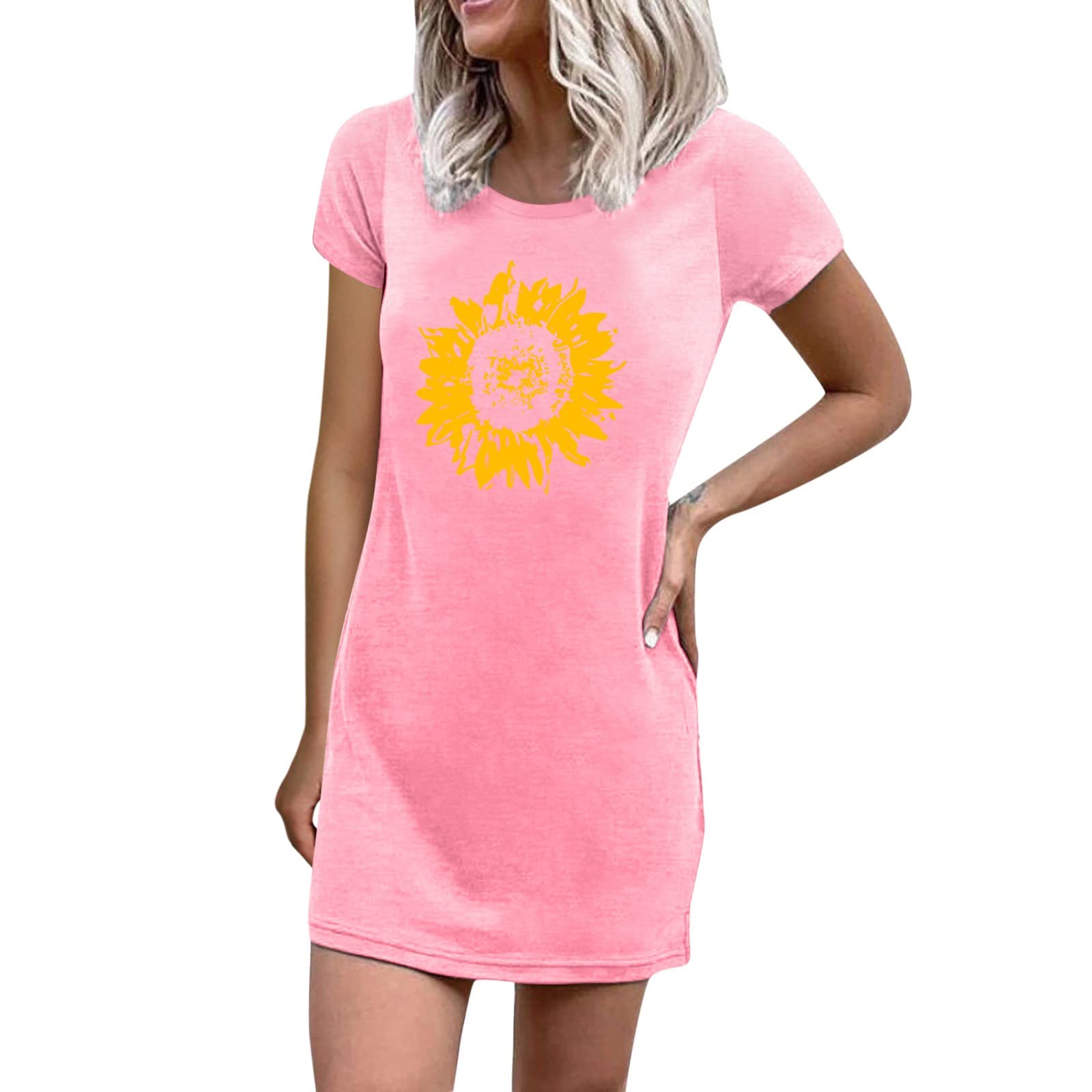 Women's Sunflower Printed Crew Neck T-Shirt Dress - Short Sleeve Summer Casual Dress for Women | Perfect for Beach Outings, Picnics, and Everyday Wear