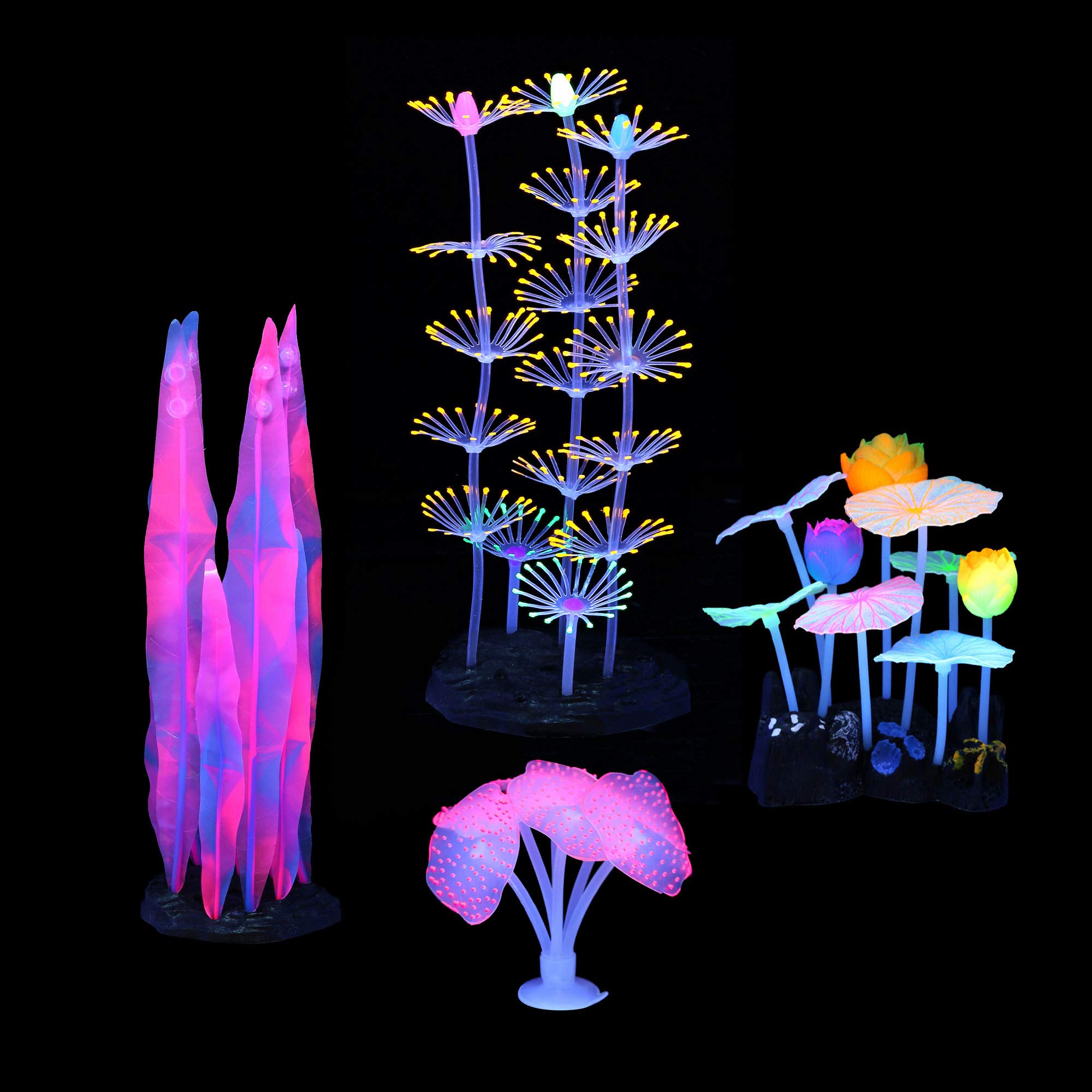 4-Piece Glowing Fish Tank Decor Set - LED Aquarium Plants, Coral, Lotus & Anemone Decorations for Freshwater & Saltwater Tanks | Perfect for Night Viewing, Themed Aquascaping & Enhancing Fish Habitat