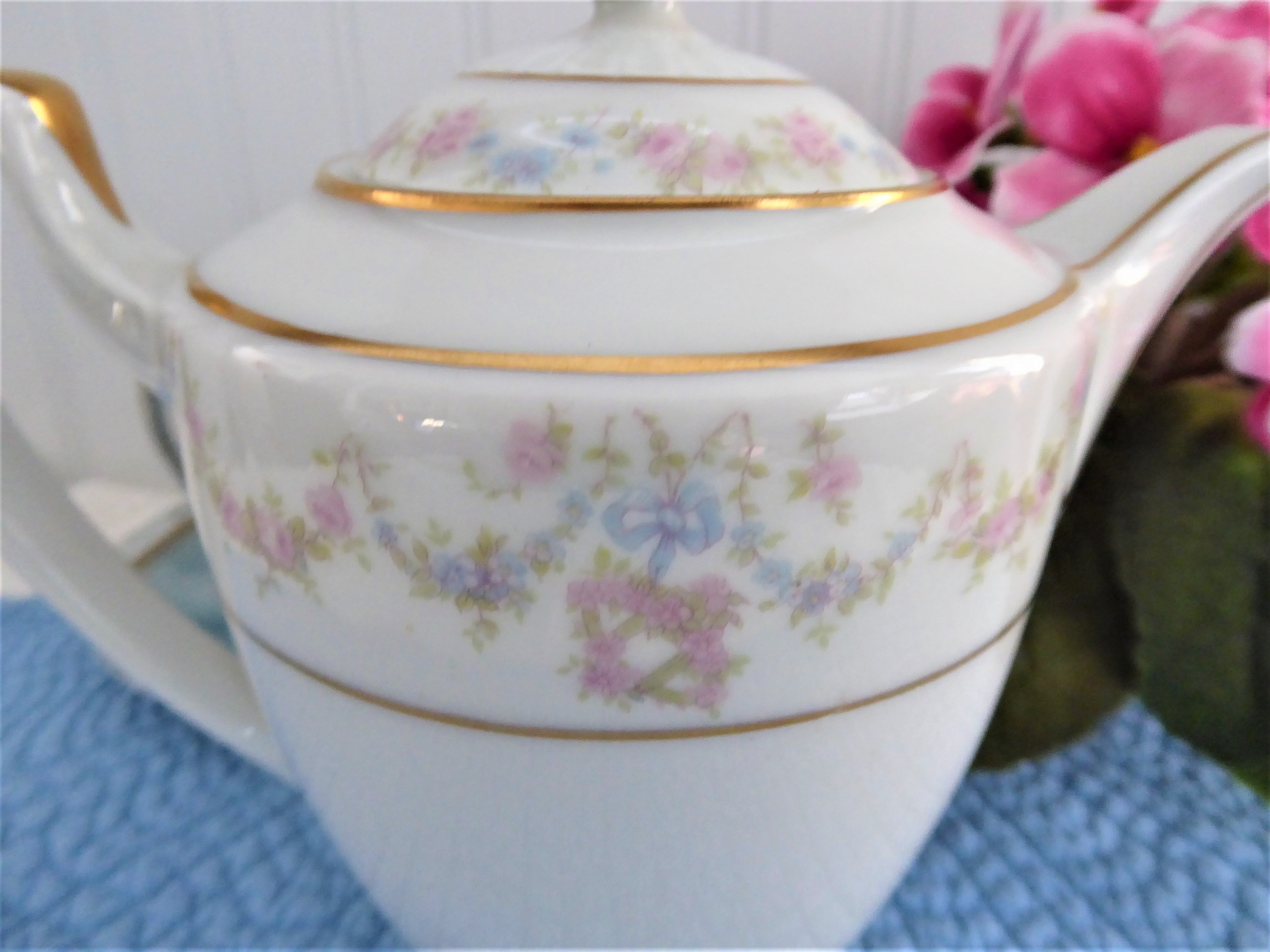 Antique Edwardian Chocolate Pot with Floral Swags & Blue Ribbon - Thomas Bavaria Porcelain Teapot - Perfect for Afternoon Tea, Victorian Tea Parties & Collectible Display