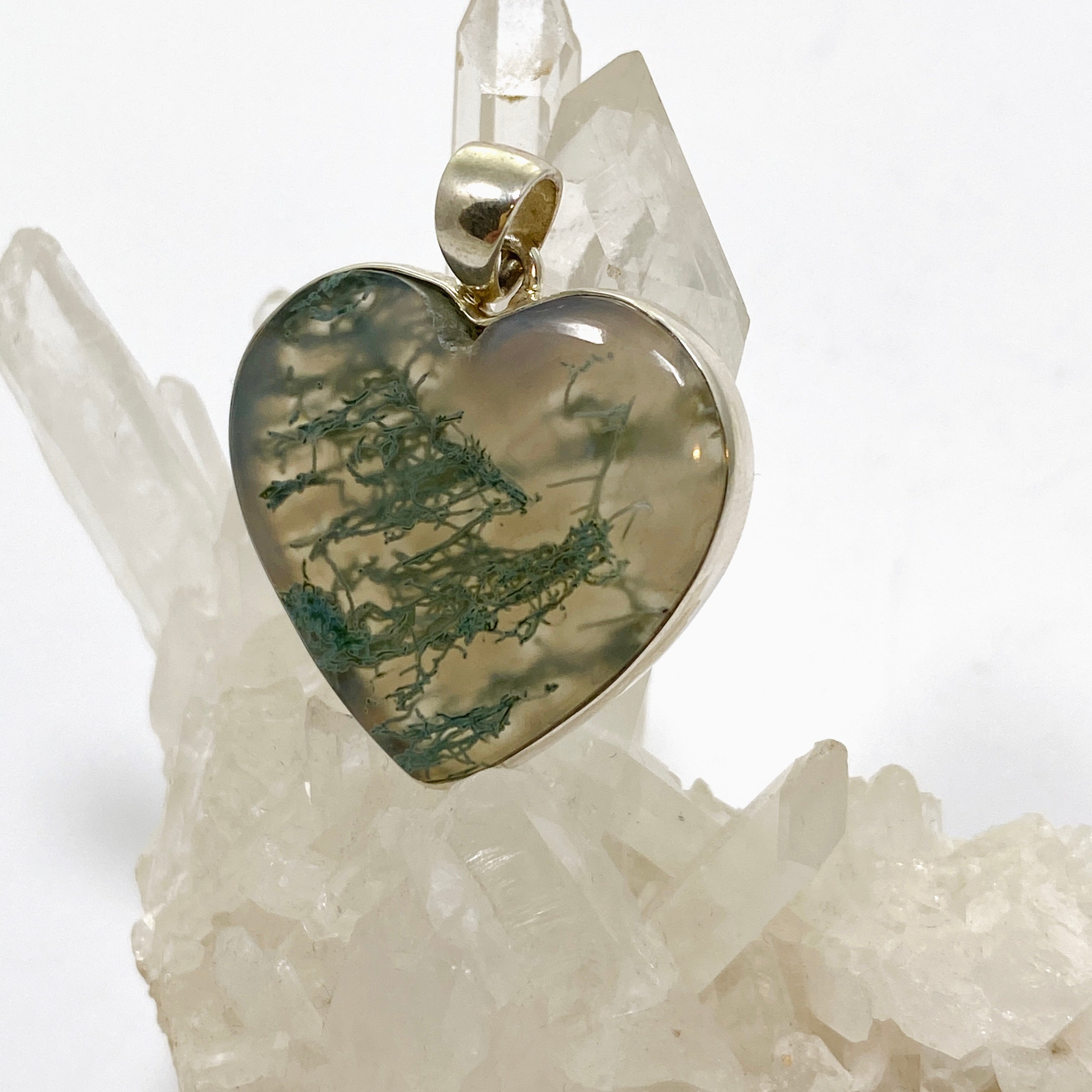 Natural Moss Agate Heart Cabochon Pendant Necklace - 925 Sterling Silver Jewelry for Women - Perfect for Valentine's Day, Anniversary & Spiritual Healing Gifts