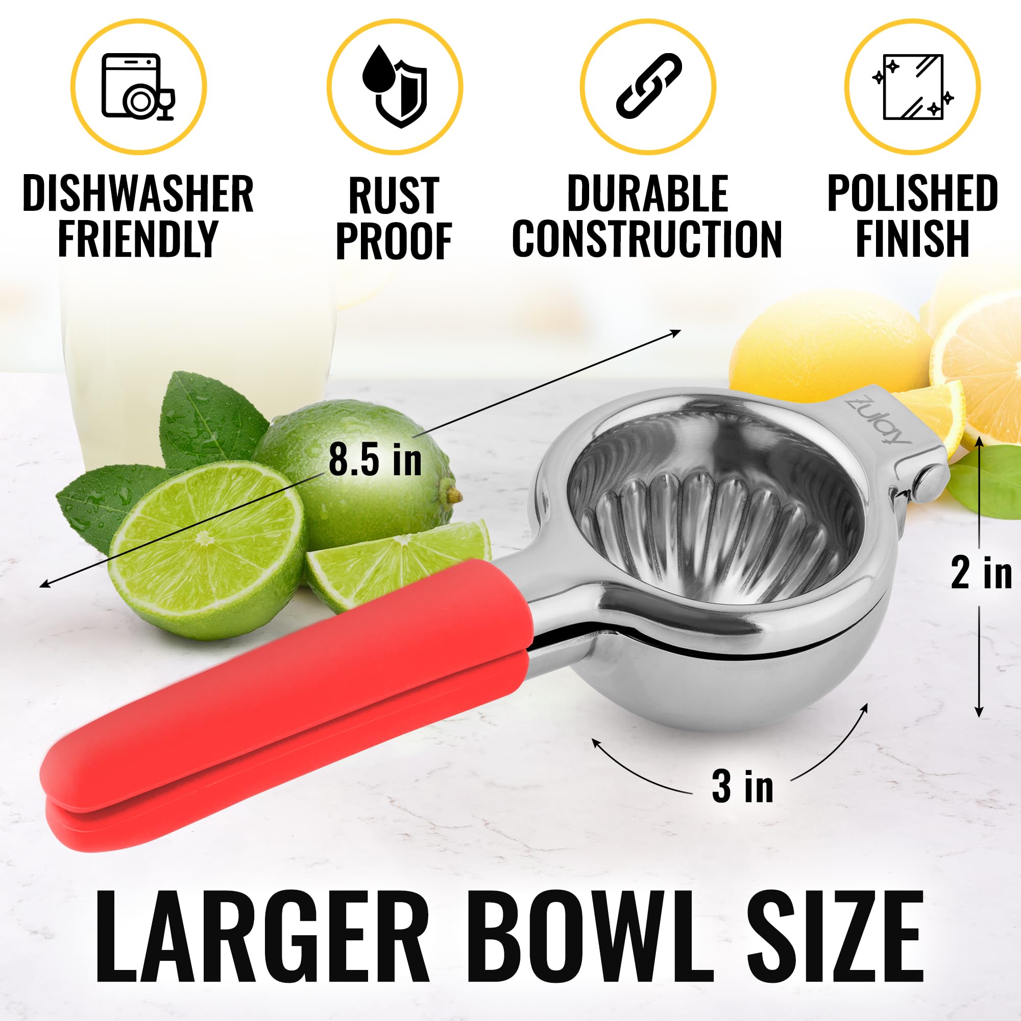 Premium Stainless Steel Lemon Squeezer with Heavy Duty Metal Bowl & Food Grade Silicone Handles - Large Manual Citrus Juicer for Lime, Orange & Lemon - Perfect for Cocktails, Baking & Healthy Juicing (Red)