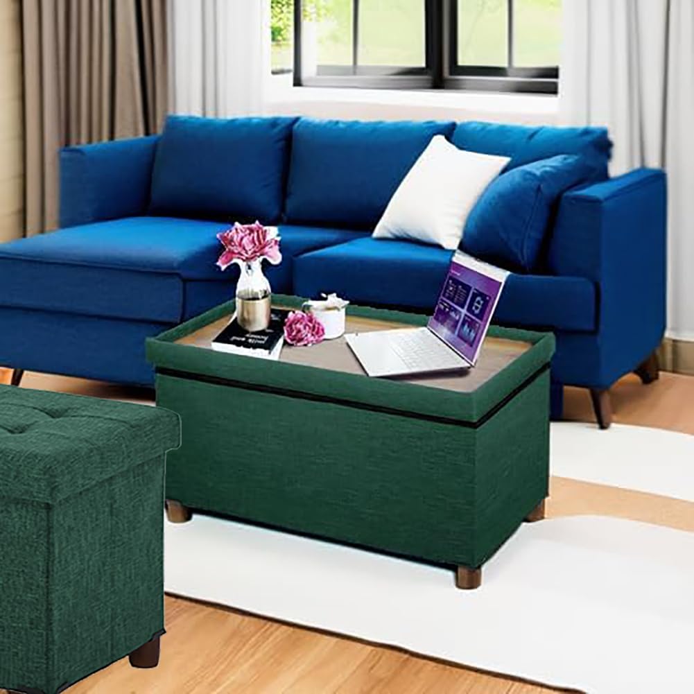 30 Inch Storage Ottoman Bench with Wooden Legs - Linen Fabric Green - Multi-Functional Foot Rest & Seat with Removable Lid - Perfect for Living Room, Bedroom End of Bed & Entryway Storage Solution