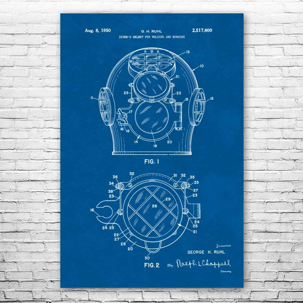 Underwater Welding Helmet Blueprint Poster - 20x24 Inch Welding & Scuba Diving Wall Art - Perfect Gift for Welders, Divers & Instructors - Ideal for Home, Office & Dive Shop Decor