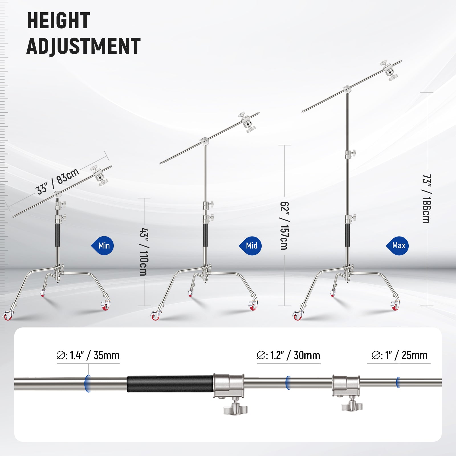 NEEWER SC186W 186cm Heavy Duty Stainless Steel C Stand with Sandbag - Professional Photography & Video Lighting Support for Studio, Outdoor Shooting, YouTube Content Creation