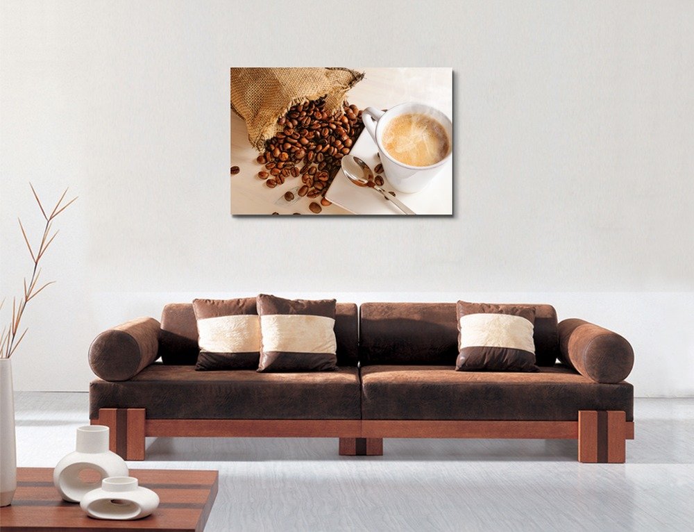 Premium Canvas Wall Art - Hot Coffee Cup on White Wooden Table with Coffee Beans Sack Closeup - 32x48 Inches - Perfect for Kitchen Decor, Coffee Shop Wall Art, Office & Home Decoration