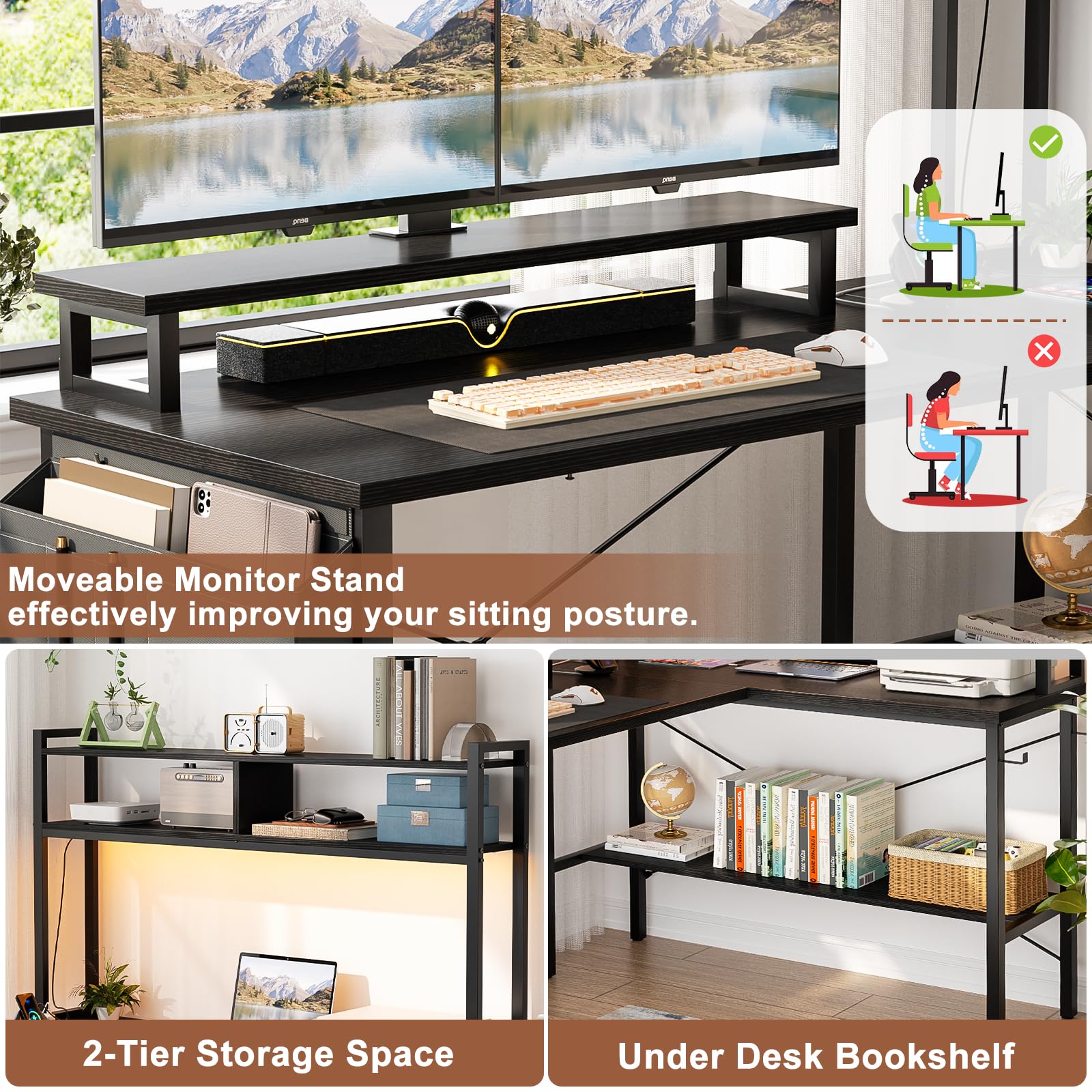 Aheaplus L-Shaped Gaming Desk with Power Outlets & LED Lights - Small Corner Computer Desk with Monitor Stand, Storage Shelf & Cable Management Bag - Ergonomic Home Office & Gaming Setup for Small Spaces (Black)