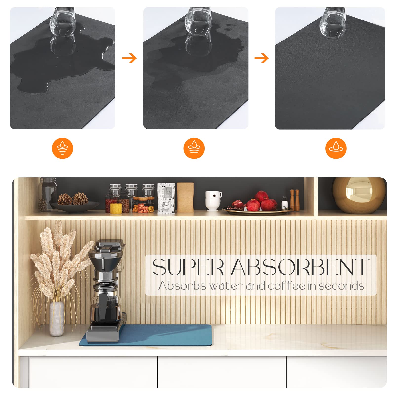 Super Absorbent Quick Dry Coffee Mat 15x12 Inch - Non-Slip Dish Drying Mat for Coffee Bar, Kitchen Counter, Coffee Maker & Table Decor (Blue) - Perfect for Espresso Machines, Drip Coffee Stations & Kitchen Organization