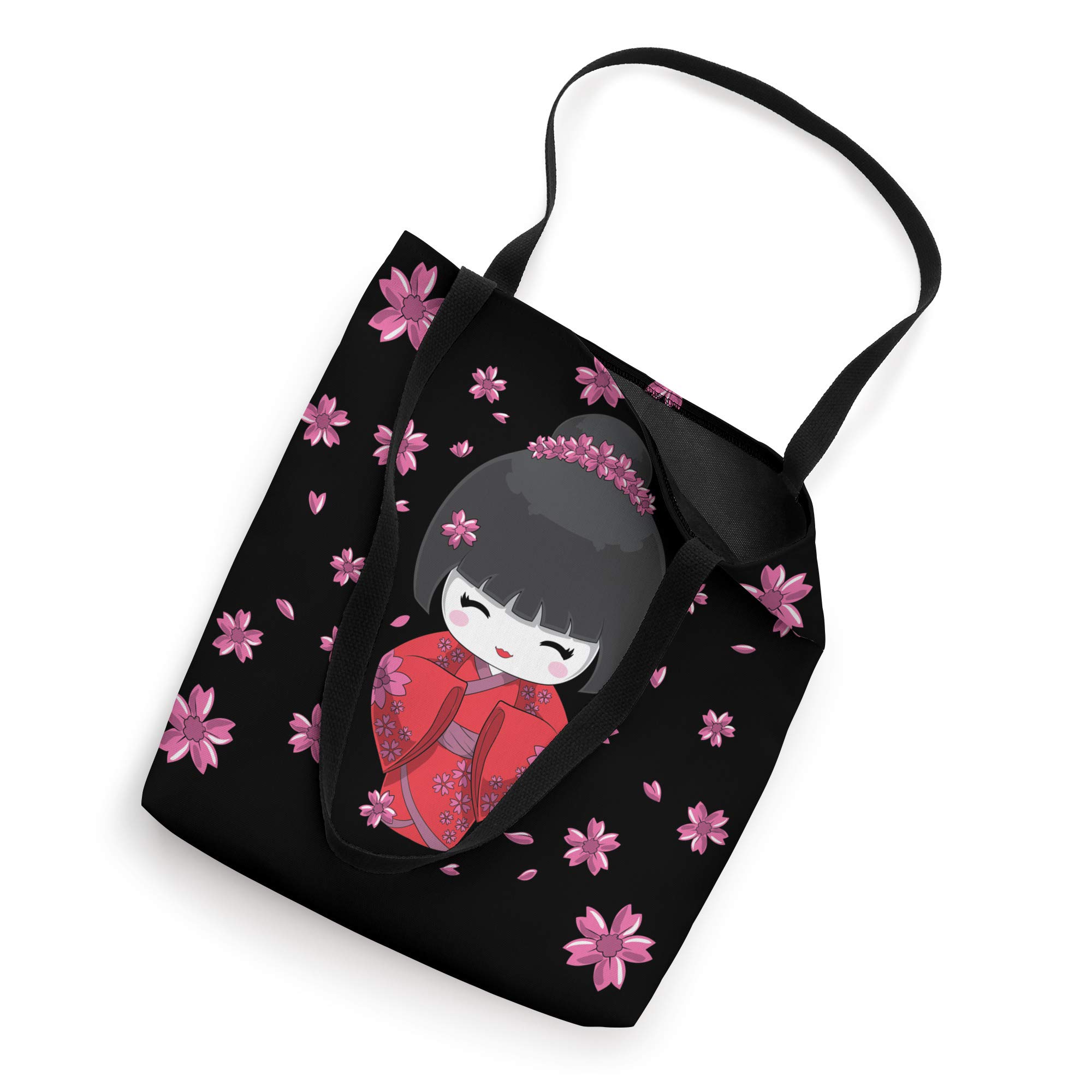 Japanese Kawaii Kokeshi Doll Cherry Blossom Tote Bag - Cute Floral Print Reusable Shopping Bag for Women, Perfect for Grocery, Beach & Daily Use