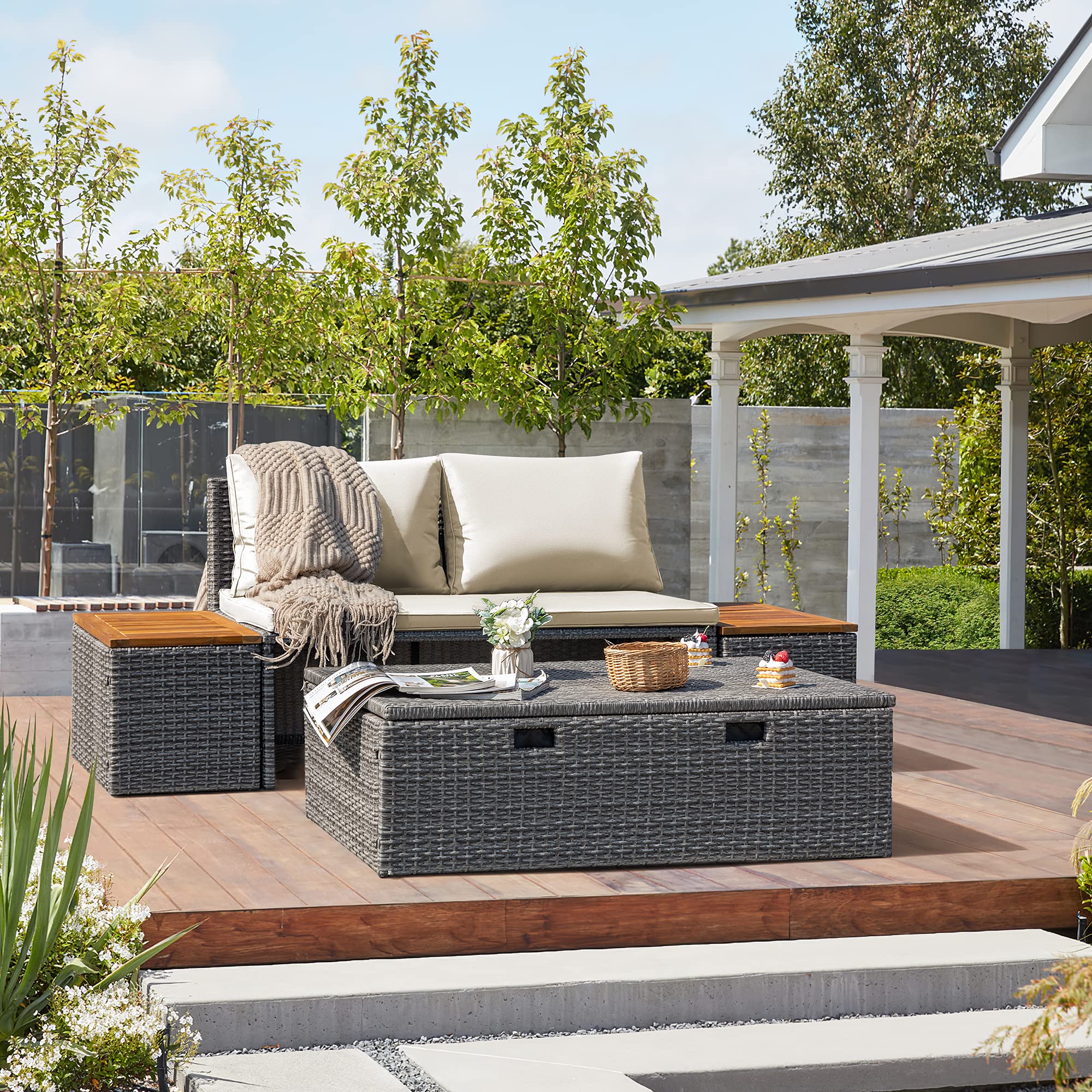 Devoko Outdoor Daybed Set - Multifunctional Patio Lounge Bed with 2 Side Tables, Wicker Rattan Furniture for Backyard, Porch, Poolside, Lawn & Beach (Beige White) - Perfect for Sunbathing, Relaxing & Outdoor Entertaining