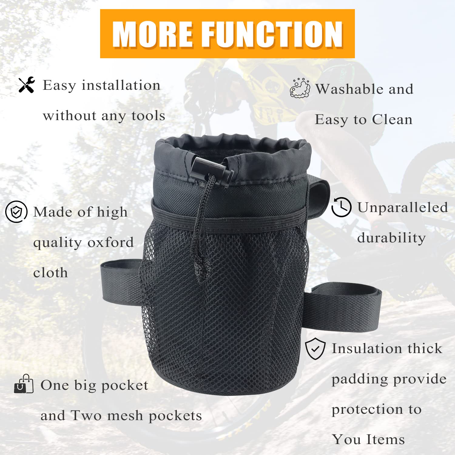 2 Pack Bike Cup Holder - Durable Bicycle Handlebar Water Bottle Holder with Mesh Oxford Pocket for Phone & Drinks - Compatible with Mountain Bikes, Road Bikes, e-Bikes, Kids Bikes, Wheelchairs & Cruisers - Perfect for Cycling, Commuting, Hiking & Outdoor Adventures