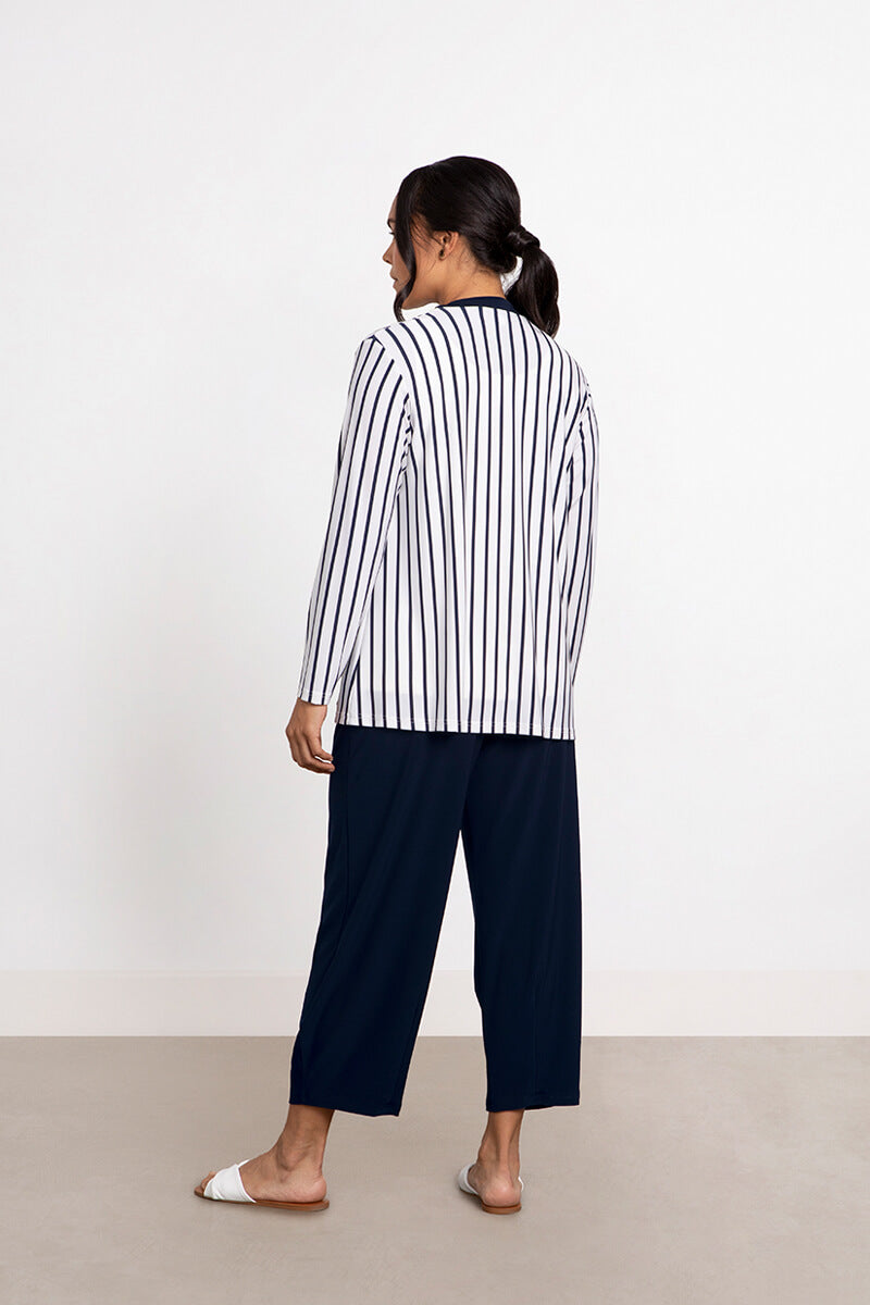 Women's Navy Striped Everyday Cardigan - Soft Comfortable Knit Sweater for Casual Wear, Office & Layering