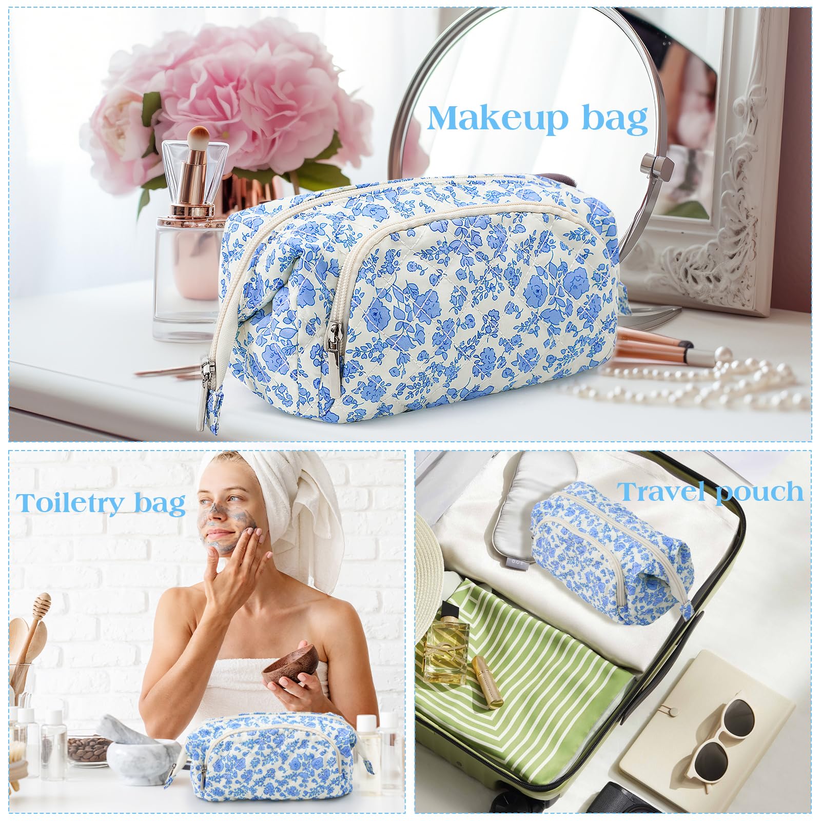 Quilted Floral Makeup Bag for Women & Teens - Travel Cosmetic Organizer, Wide-Open Toiletry Pouch - Perfect for Daily Use, Weekend Getaways & Gift Giving