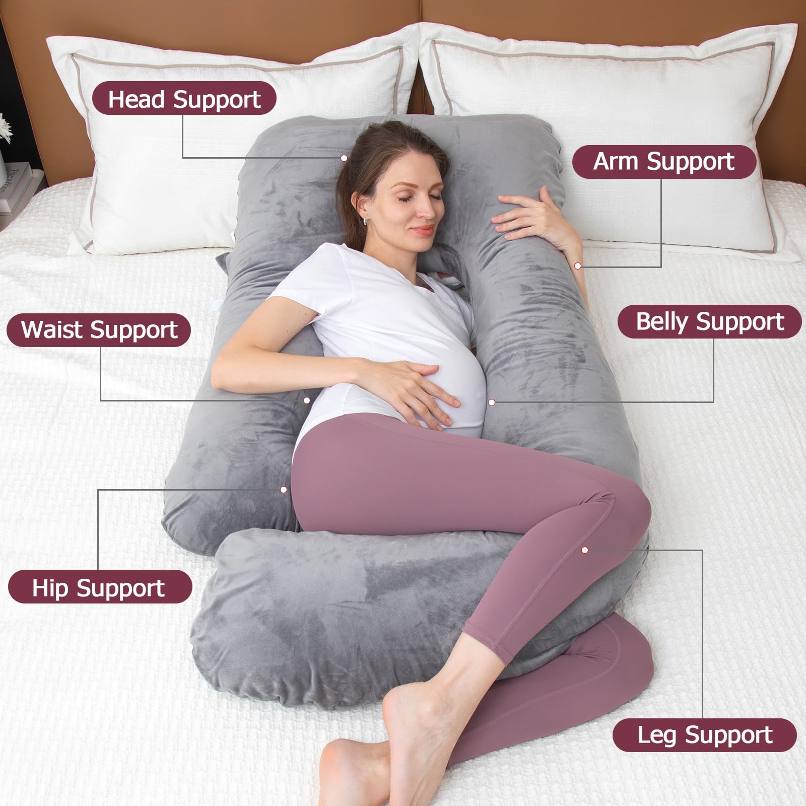 MOON PINE U-Shaped Pregnancy Pillow for Maternity Support - Full Body Maternity Pillow with Removable Cover for Pregnant Women - Dark Grey - Perfect for Side Sleeping, Back Pain Relief & Comfortable Pregnancy Sleep
