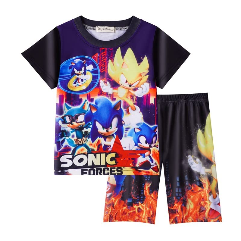 Sonic Kids Shirt and Pants Set - Boys Girls Sea Monster Print Sleepwear - Short Sleeve Pajama Outfits for Ages 3-8 Years - Perfect for Bedtime, Lounging & Playtime