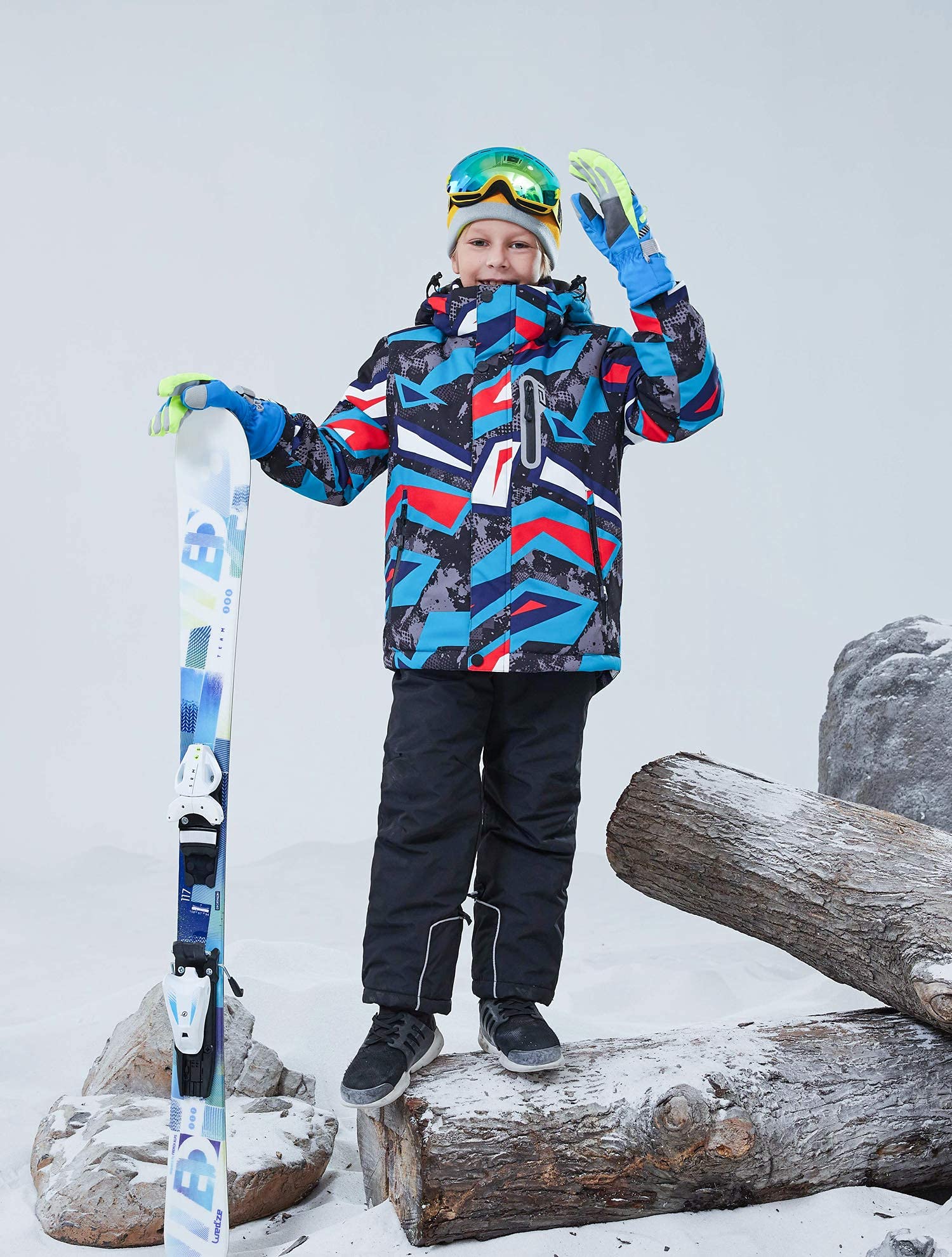 WOWULOVELY Boys' 2-Piece Colorblock Snow Pants & Jacket Set - Waterproof Winter Snowsuit for Skiing, Snowboarding & Outdoor Activities