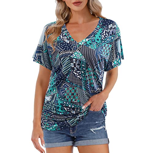 Women's Summer Casual V-Neck Floral Printed Short Sleeve Blouse - Loose Fit Tunic T-Shirt Top (Blue, Small) | Perfect for Beach Outings, Weekend Brunch & Summer Travel